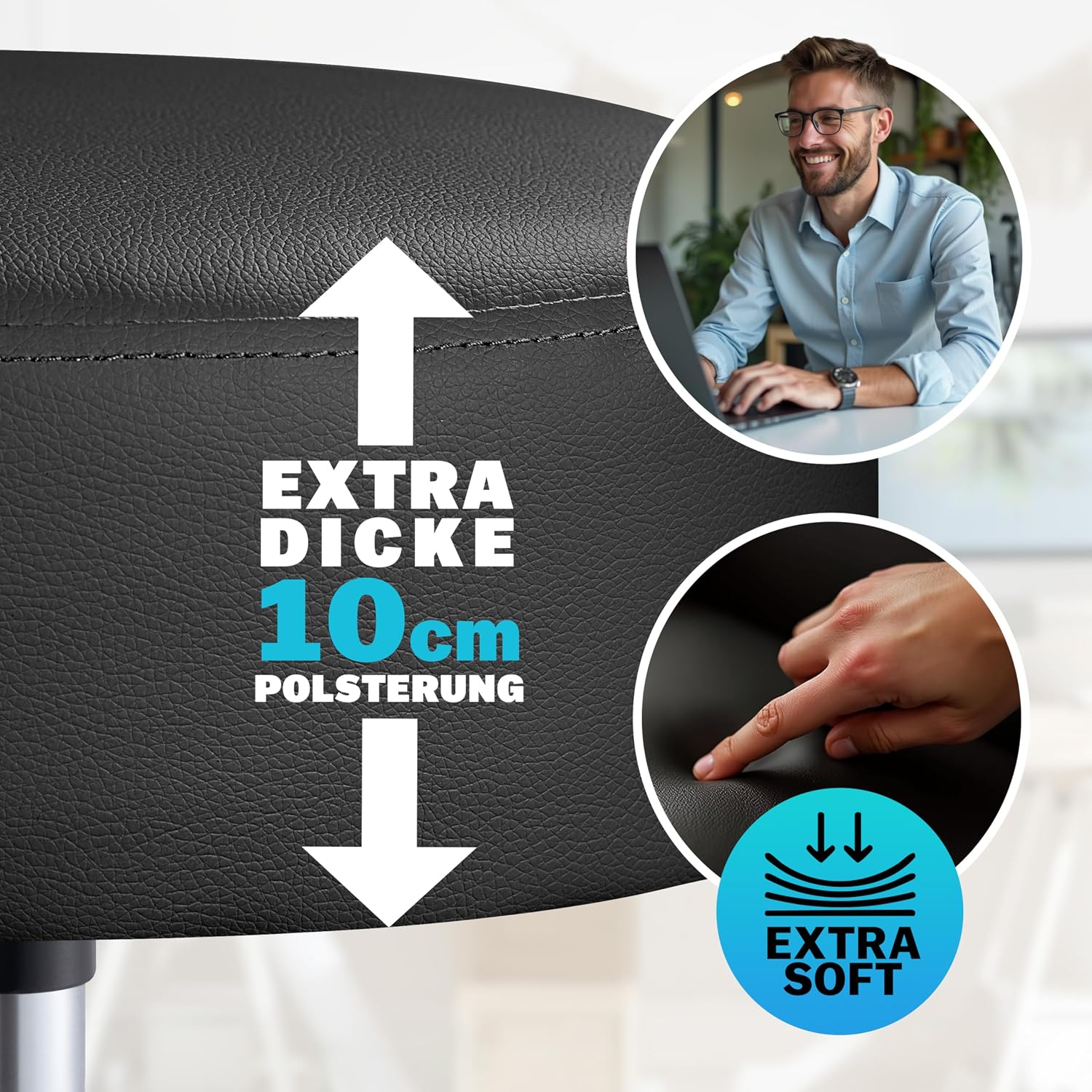 Casaria® Rollhocker mit Lehne Höhenverstellbar 10cm Polsterung 360°C Drehbar 46-60cm Sitzhöhe Küche Bürohocker Drehhocker Arbeitshocker Hocker Schwarz — Ansicht 4