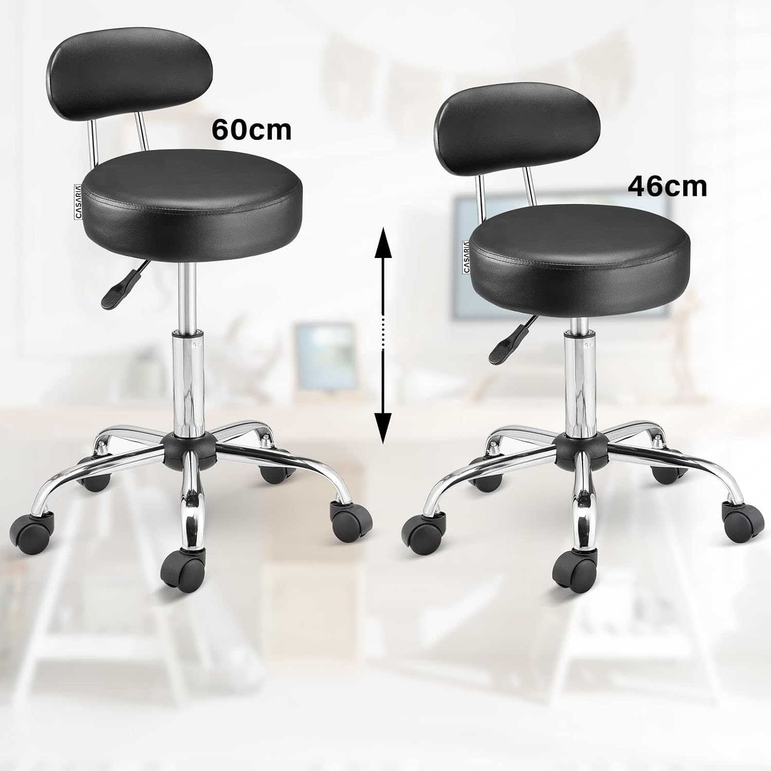Casaria® Rollhocker mit Lehne Höhenverstellbar 10cm Polsterung 360°C Drehbar 46-60cm Sitzhöhe Küche Bürohocker Drehhocker Arbeitshocker Hocker Schwarz — Ansicht 5