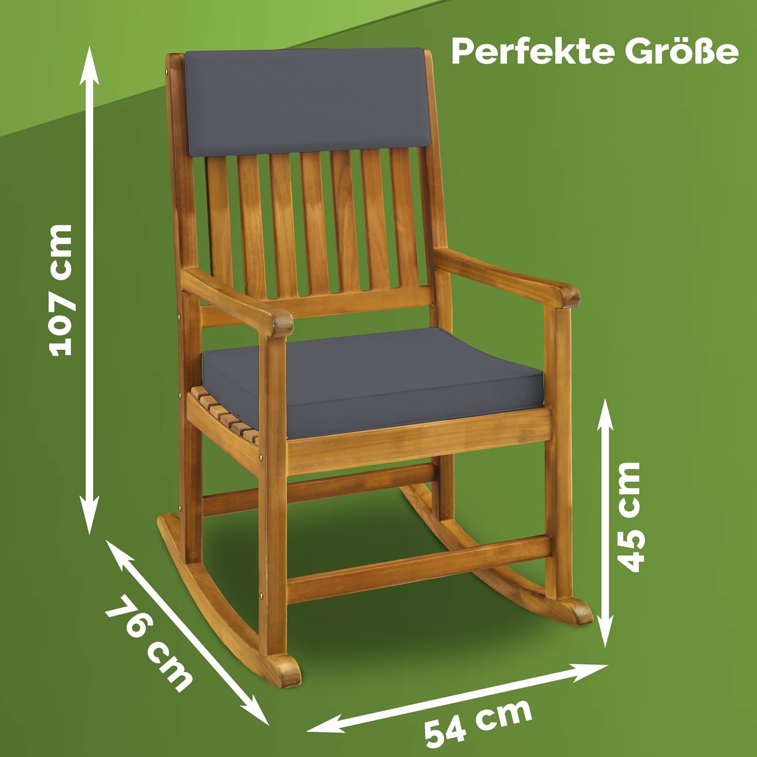 Casaria® Schaukelstuhl Gartenstuhl Holz Anthrazit 160kg Belastbar Bezug 30° Waschbar Armlehne Schaukelsessel Garten Balkon Stuhl Wetterfest Schwingsessel Akazie — Ansicht 3