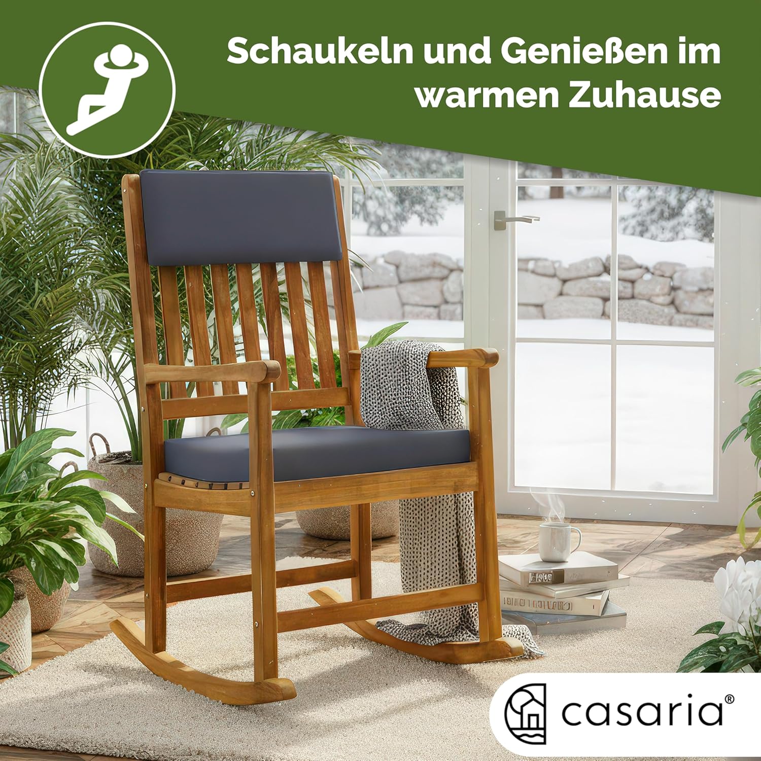 Casaria® Schaukelstuhl Gartenstuhl Holz Anthrazit 160kg Belastbar Bezug 30° Waschbar Armlehne Schaukelsessel Garten Balkon Stuhl Wetterfest Schwingsessel Akazie — Ansicht 6