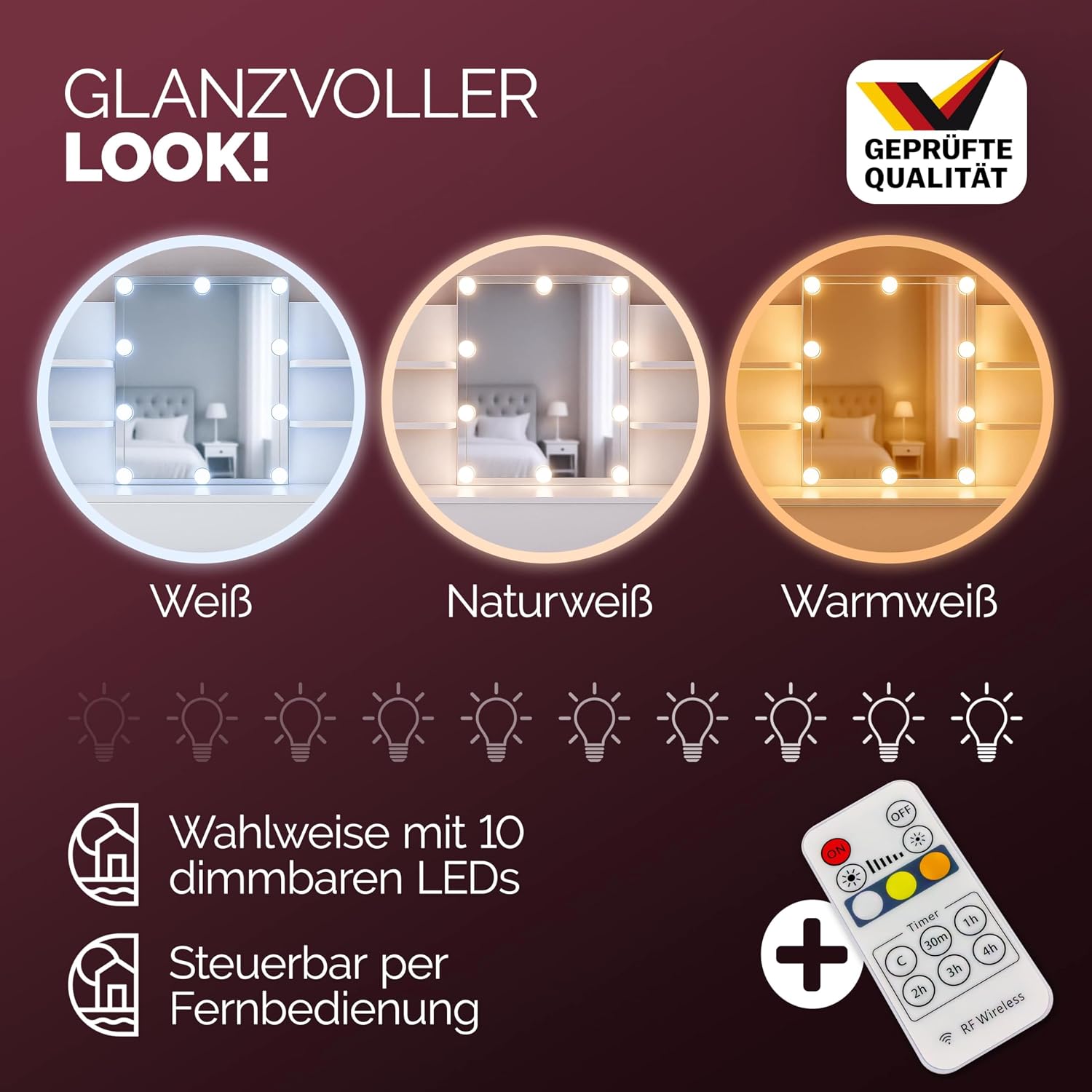 Casaria® Schminktisch mit Spiegel LED Beleuchtung Fernbedienung Schublade Beleuchtet Organizer Weiß Frisiertisch Ablagen 110x40cm Kosmetiktisch Holz — Ansicht 2