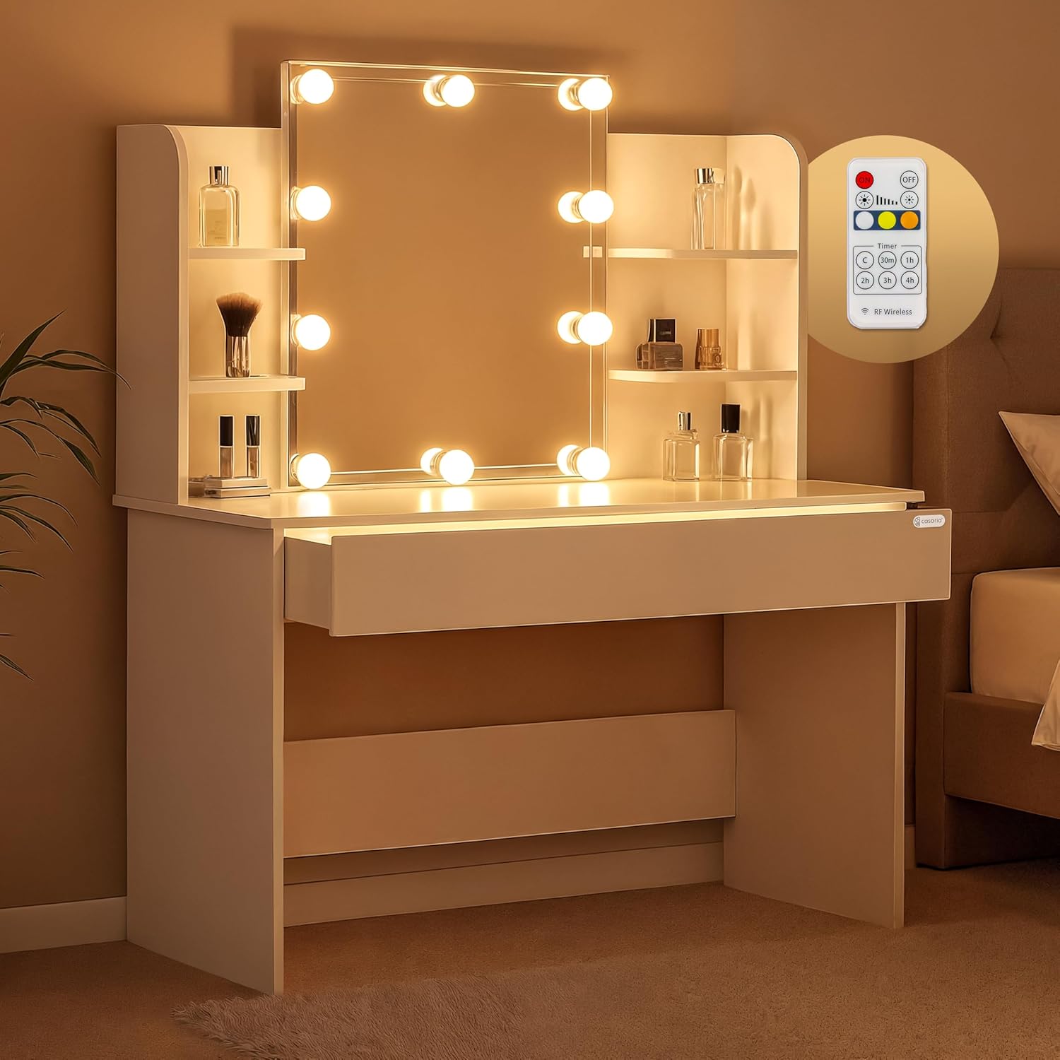 Casaria® Schminktisch mit Spiegel LED Beleuchtung Fernbedienung Schublade Beleuchtet Organizer Weiß Frisiertisch Ablagen 110x40cm Kosmetiktisch Holz