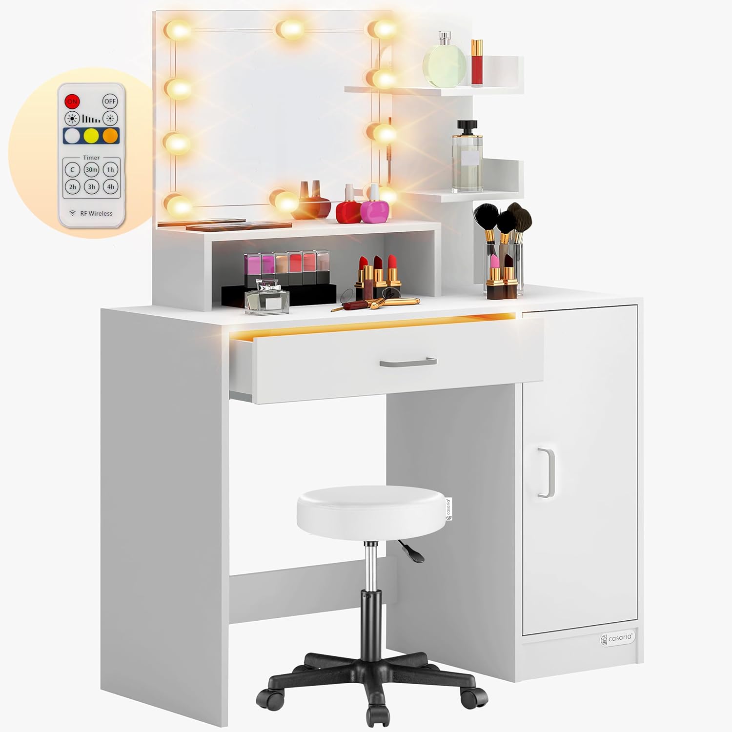 Casaria® Schminktisch mit Spiegel und Hocker inkl. LED Beleuchtung Schrank Schublade Regale Kosmetiktisch Make-up Fernbedienung 90x40cm Holz Weiß — Ansicht 2