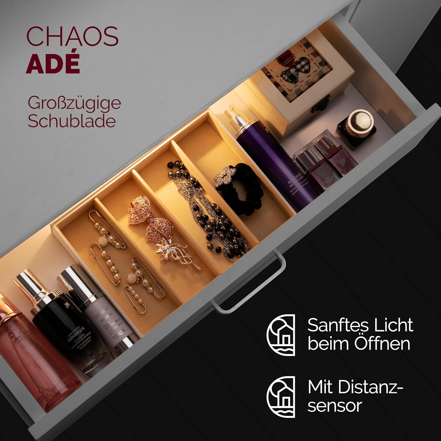 Casaria® Schminktisch mit Spiegel und Hocker inkl. LED Beleuchtung Schrank Schublade Regale Kosmetiktisch Make-up Fernbedienung 90x40cm Holz Weiß — Ansicht 4
