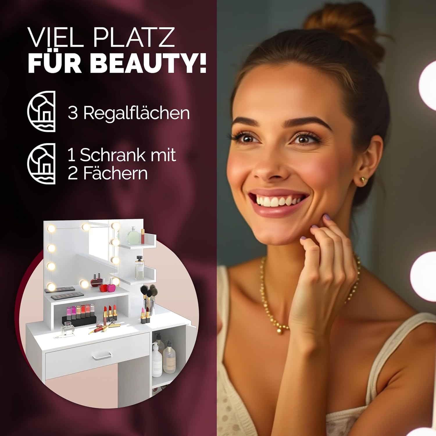 Casaria® Schminktisch mit Spiegel und Hocker inkl. LED Beleuchtung Schrank Schublade Regale Kosmetiktisch Make-up Fernbedienung 90x40cm Holz Weiß — Ansicht 6