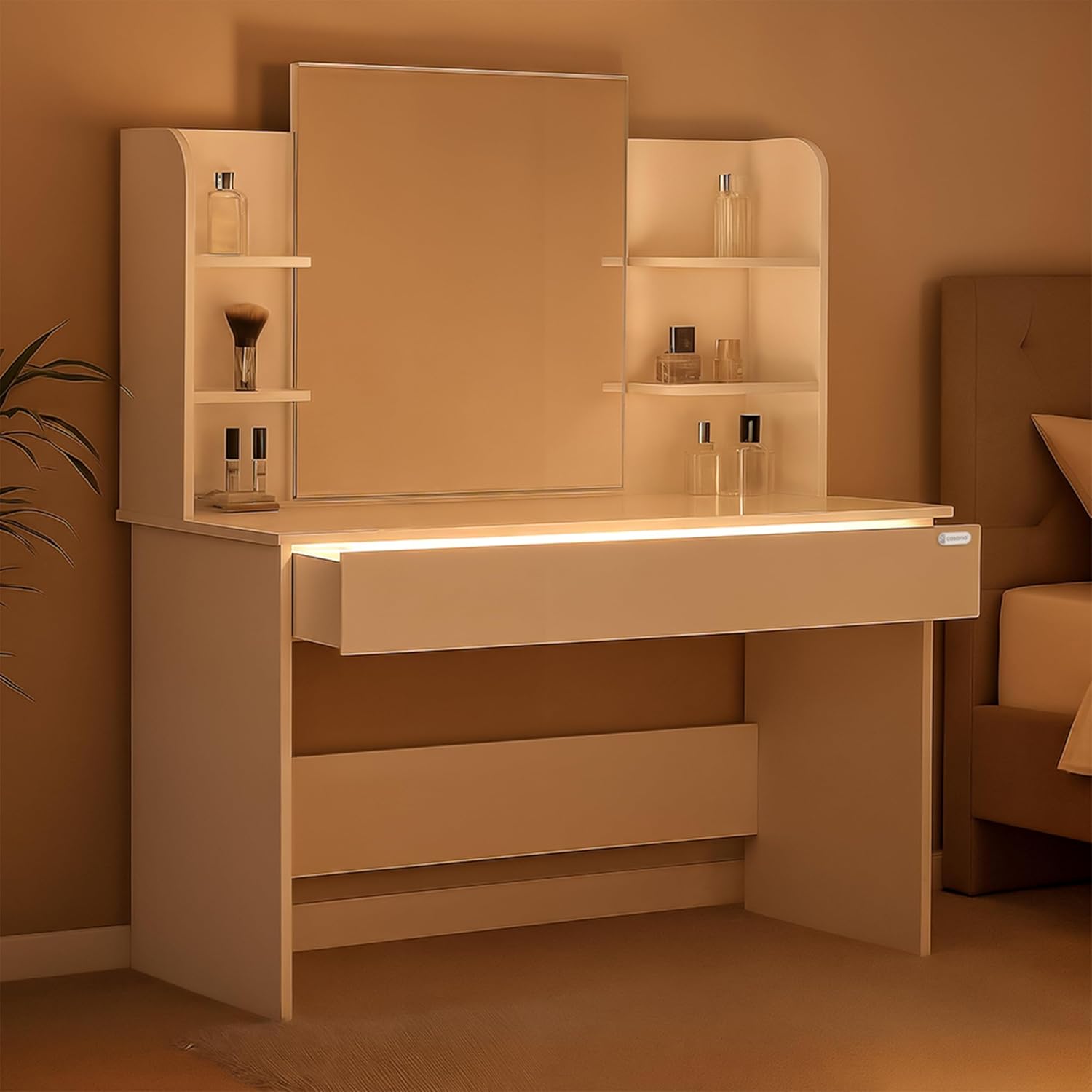 Casaria® Schminktisch mit Spiegel Weiß Schublade mit Beleuchtung Distanzsensor Kosmetiktisch mit Hocker Frisiertisch 110cm breit Make-Up-Tisch Holz — Ansicht 2
