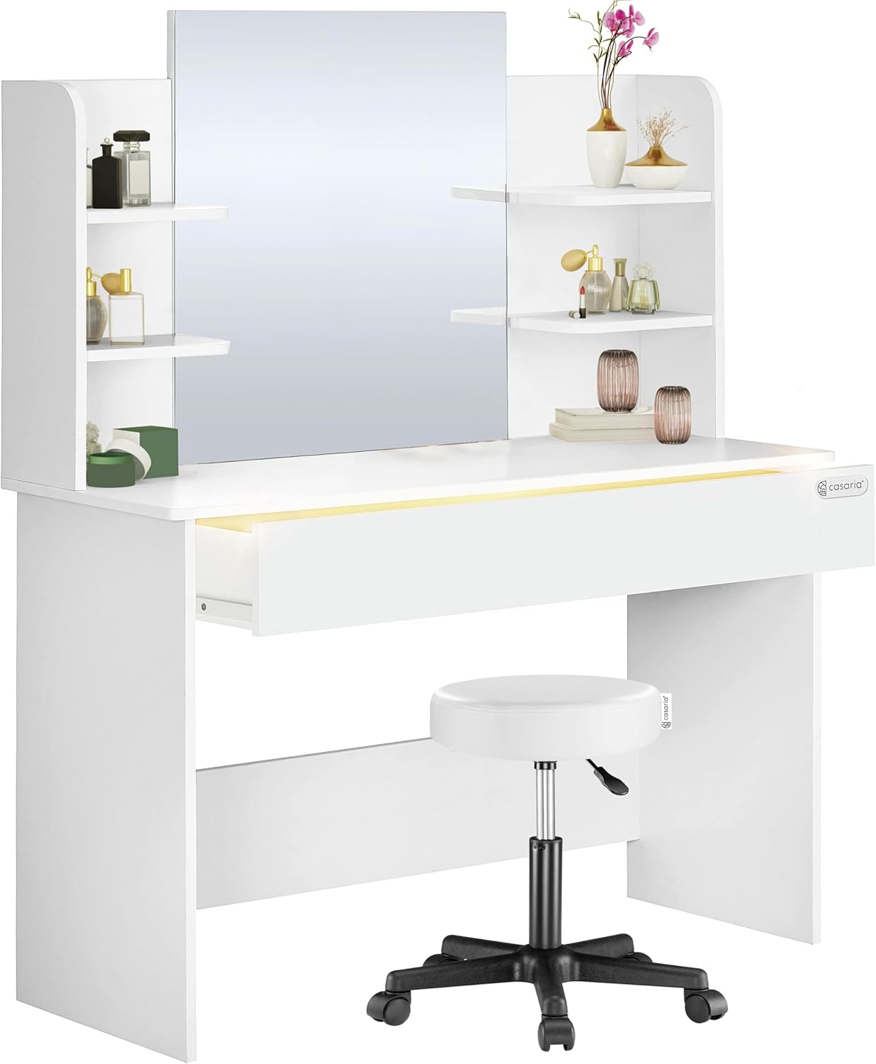 Casaria® Schminktisch mit Spiegel Weiß Schublade mit Beleuchtung Distanzsensor Kosmetiktisch mit Hocker Frisiertisch 110cm breit Make-Up-Tisch Holz