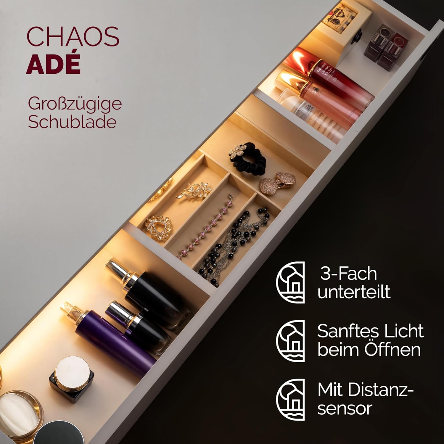 Casaria® Schminktisch mit Spiegel Weiß Schublade mit Beleuchtung Distanzsensor Kosmetiktisch mit Hocker Frisiertisch 110cm breit Make-Up-Tisch Holz — Ansicht 3