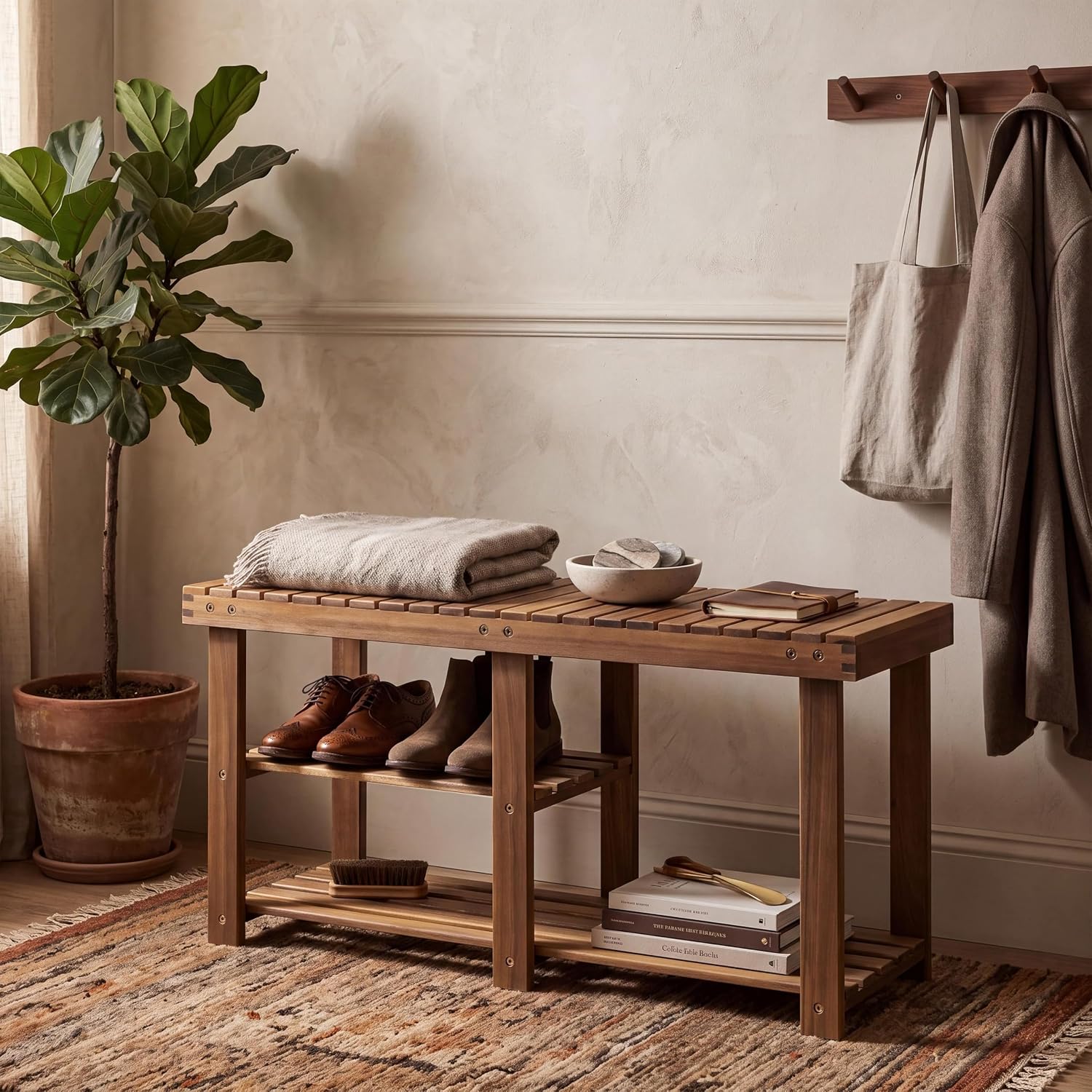 Casaria Schuhbank mit Sitzfläche 87 x 45 x 30 cm 160kg Belastbarkeit 3 Ebenen Akazie Holz Massiv Flur Diele Bad Sitzbank Schuhregal Schuhschrank Braun — Ansicht 2