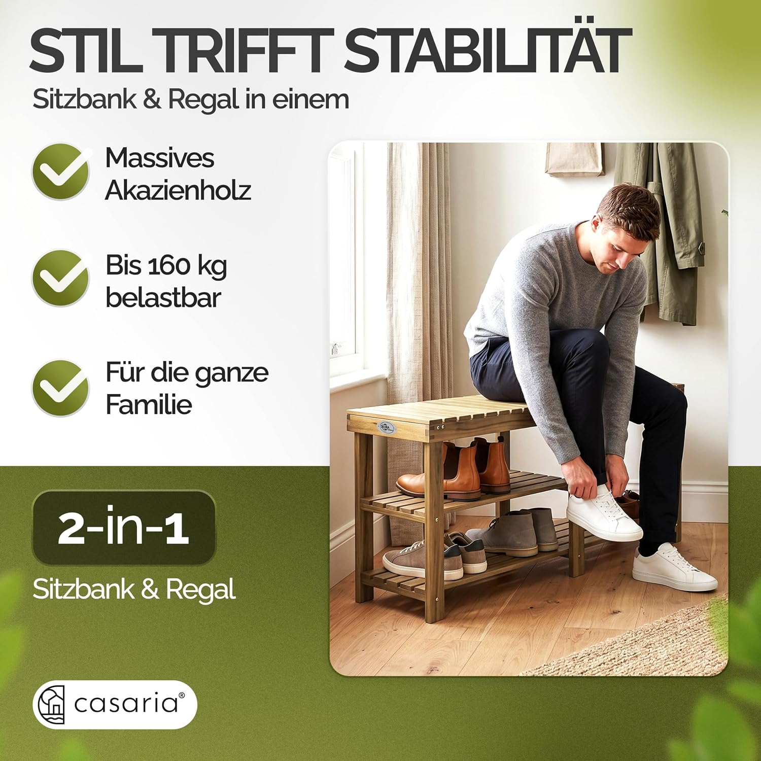 Casaria Schuhbank mit Sitzfläche 87 x 45 x 30 cm 160kg Belastbarkeit 3 Ebenen Akazie Holz Massiv Flur Diele Bad Sitzbank Schuhregal Schuhschrank Braun — Ansicht 4