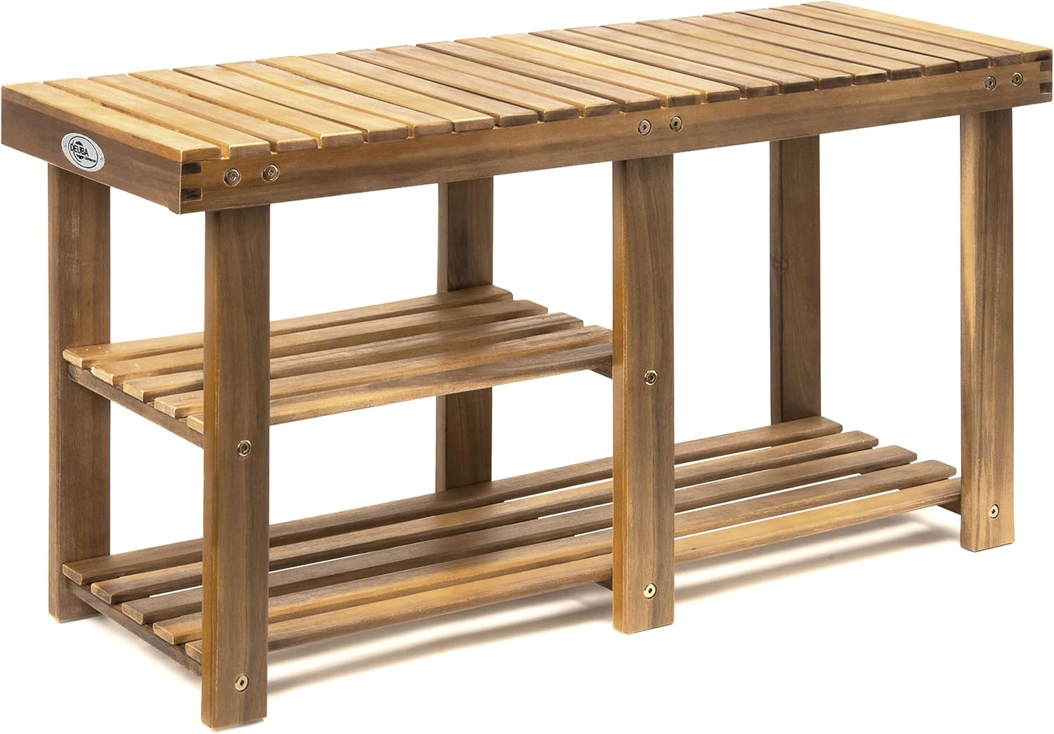 Casaria Schuhbank mit Sitzfläche 87 x 45 x 30 cm 160kg Belastbarkeit 3 Ebenen Akazie Holz Massiv Flur Diele Bad Sitzbank Schuhregal Schuhschrank Braun