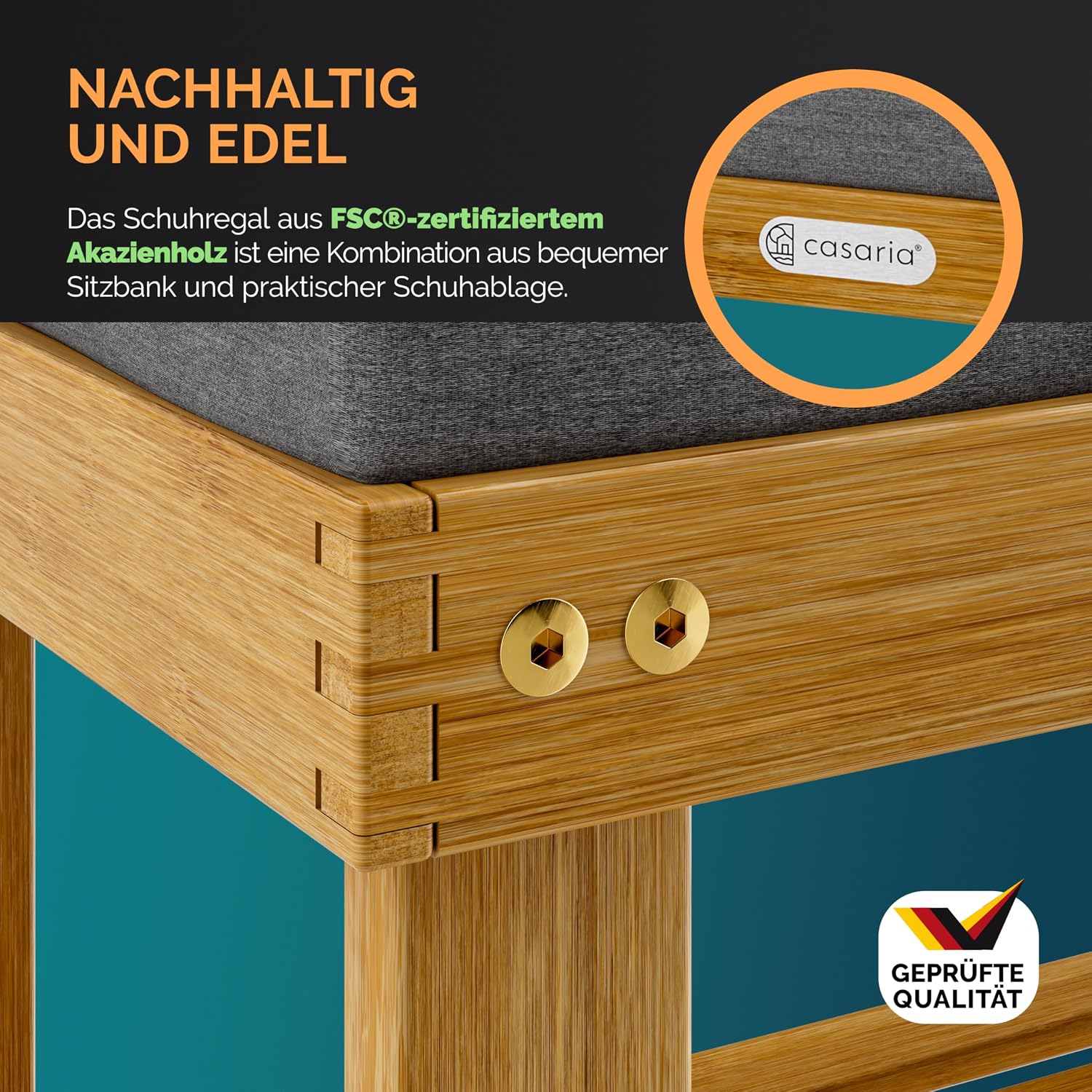 Casaria® Schuhbank mit Sitzfläche FSC®-zertifiziertes Akazien Holz 5cm Polsterauflage abnehmbar Schuhregal Sitzbank Stauraum Schuhschrank — Ansicht 4
