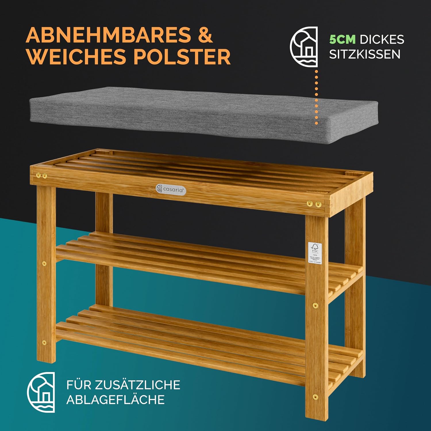 Casaria® Schuhbank mit Sitzfläche FSC®-zertifiziertes Akazien Holz 5cm Polsterauflage abnehmbar Schuhregal Sitzbank Stauraum Schuhschrank — Ansicht 5