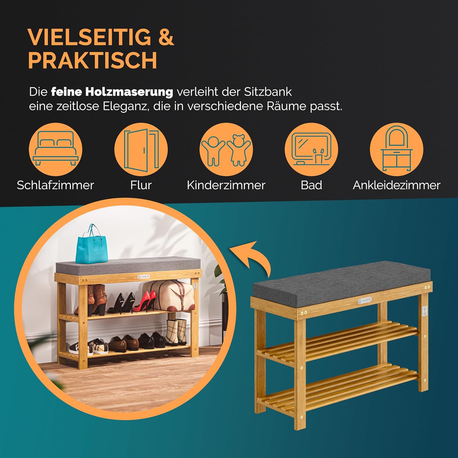 Casaria® Schuhbank mit Sitzfläche FSC®-zertifiziertes Akazien Holz 5cm Polsterauflage abnehmbar Schuhregal Sitzbank Stauraum Schuhschrank — Ansicht 6