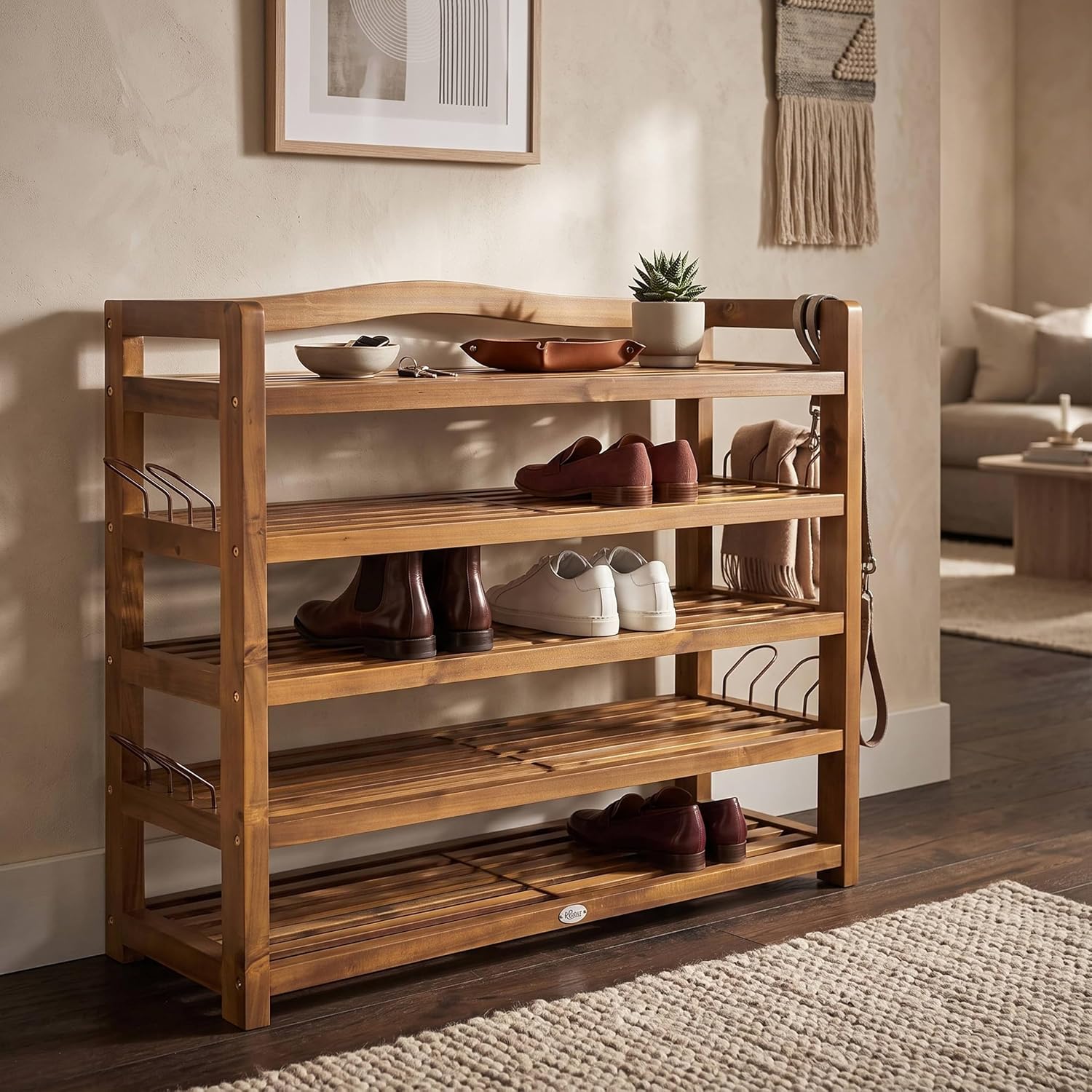 Casaria® Schuhregal mit 5 Ebenen 95x26x82cm FSC®-Zertifiziert Akazien Holz Massiv Bad Diele Flur Bad Schuhschrank Schuhaufbewahrung Schuhständer Braun — Ansicht 2