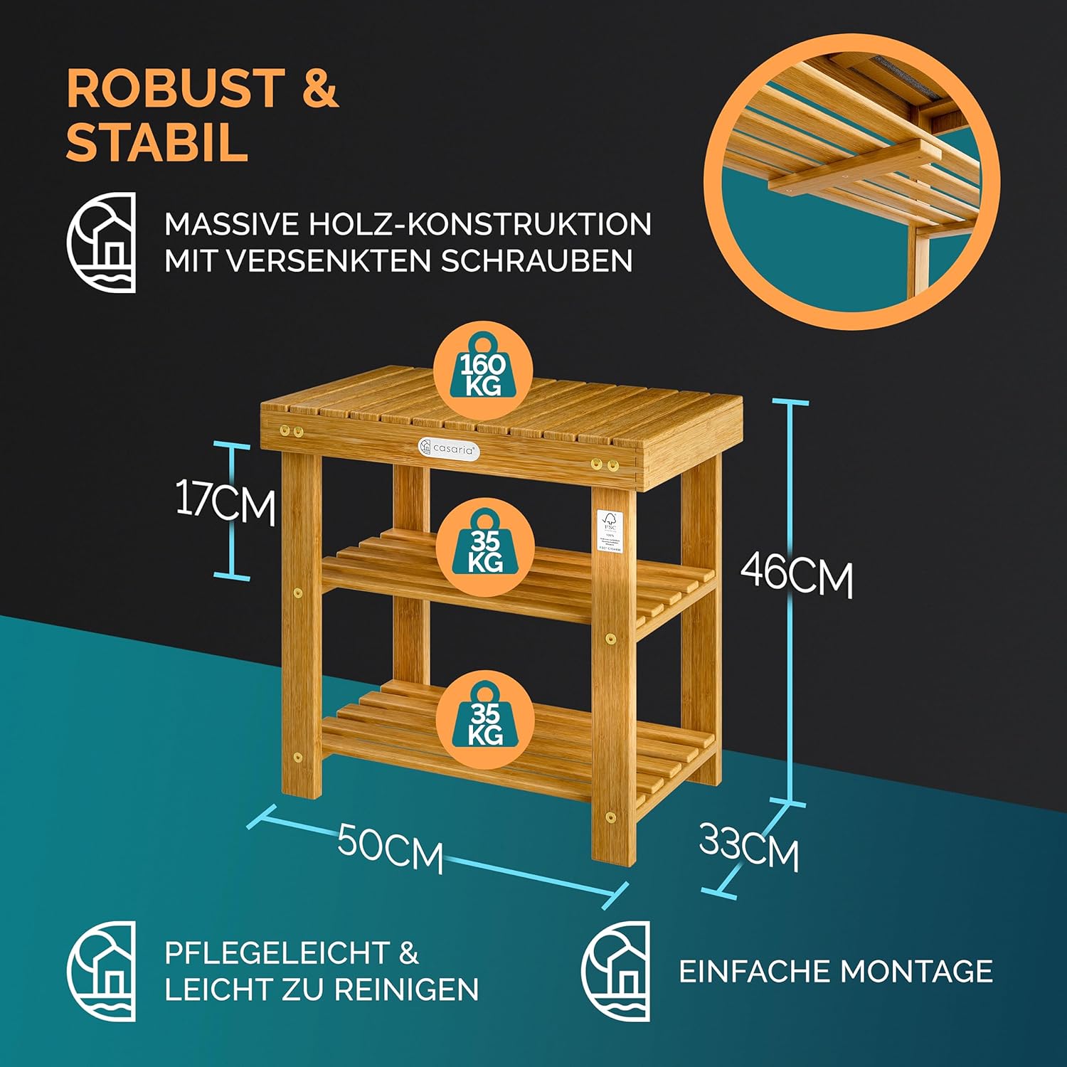 Casaria® Schuhregal mit Sitzfläche Holz Massiv 160kg Belastbarkeit FSC®-Zertifiziert Akazie 3 Ebenen Flur Bad Schuhbank Sitzbank Schuhschrank Braun — Ansicht 2
