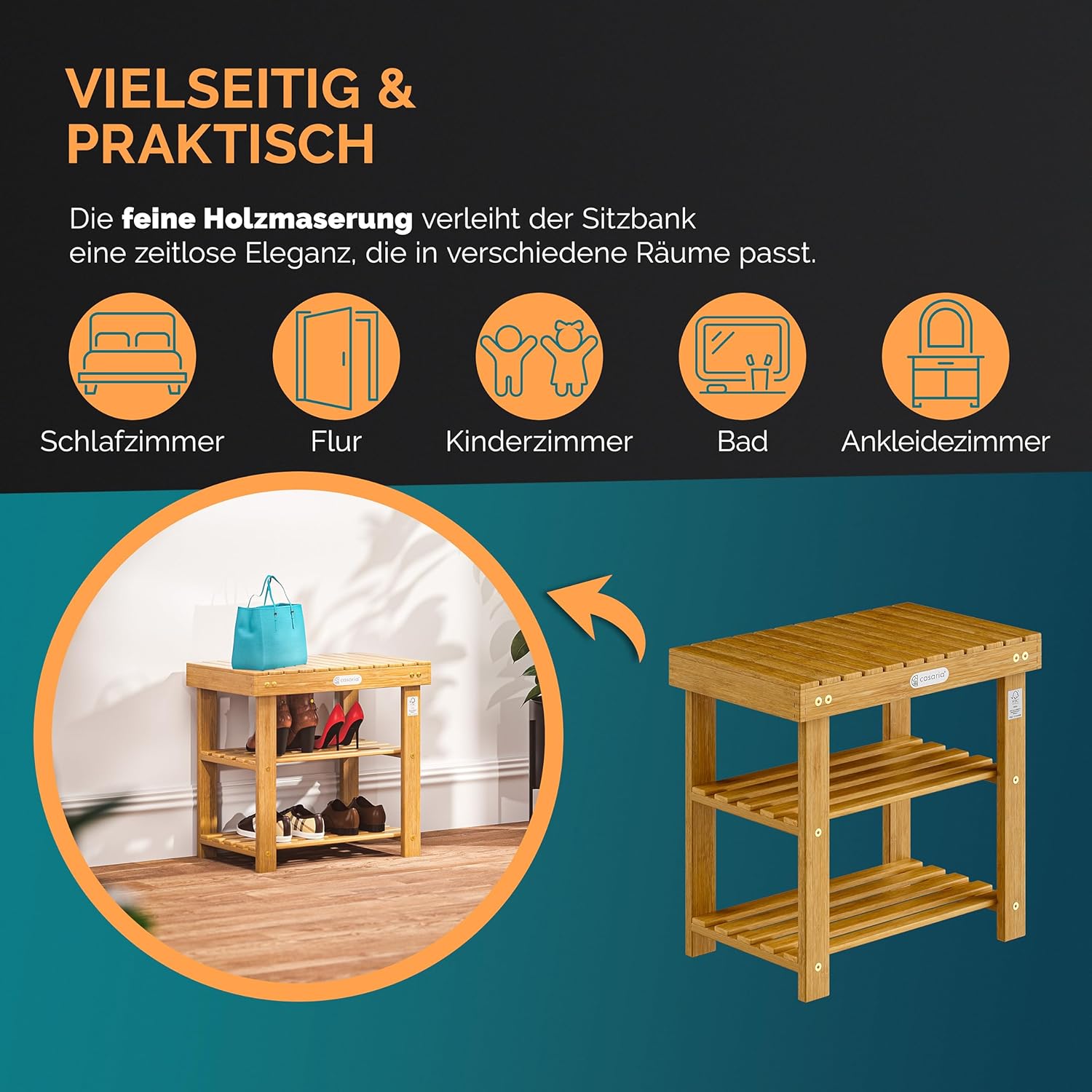 Casaria® Schuhregal mit Sitzfläche Holz Massiv 160kg Belastbarkeit FSC®-Zertifiziert Akazie 3 Ebenen Flur Bad Schuhbank Sitzbank Schuhschrank Braun — Ansicht 6
