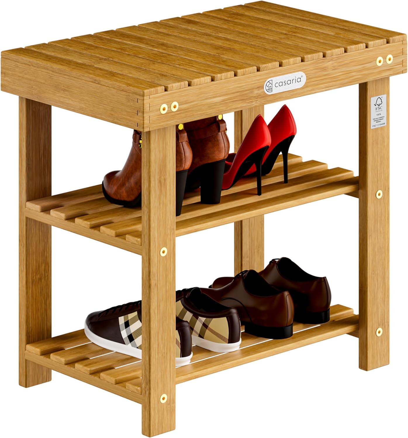 Casaria® Schuhregal mit Sitzfläche Holz Massiv 160kg Belastbarkeit FSC®-Zertifiziert Akazie 3 Ebenen Flur Bad Schuhbank Sitzbank Schuhschrank Braun