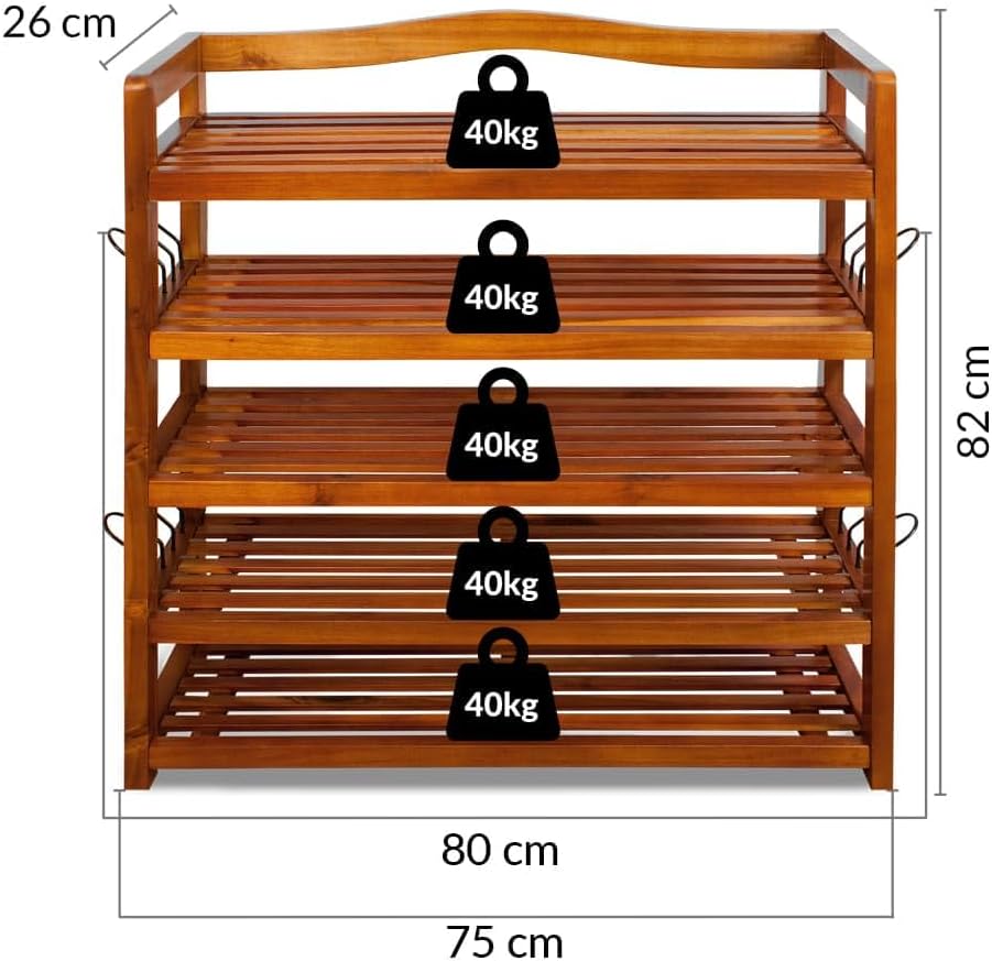 Casaria® Schuhregal Schmal 2er Set Holz FSC®-Zertifiziert 5 Ebenen 80x26x82cm Akazie Platzsparend Offen Flur Schuhschrank Schuhständer Schuhablage Regal — Ansicht 3
