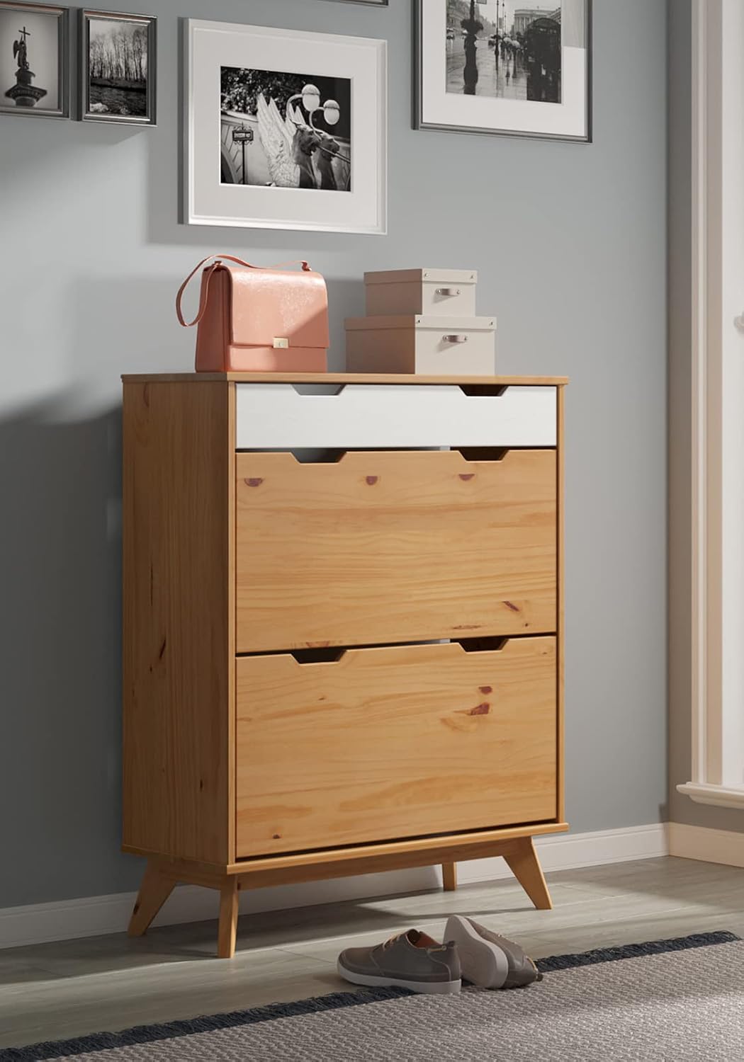 Casaria® Schuhschrank 101x80x33cm FSC®- Zertifiziert Schublade 2 Klappen Kiefer Natur Massiv Holz Flur Diele Möbel Schuhkipper Schuhkommode Weiß — Ansicht 2