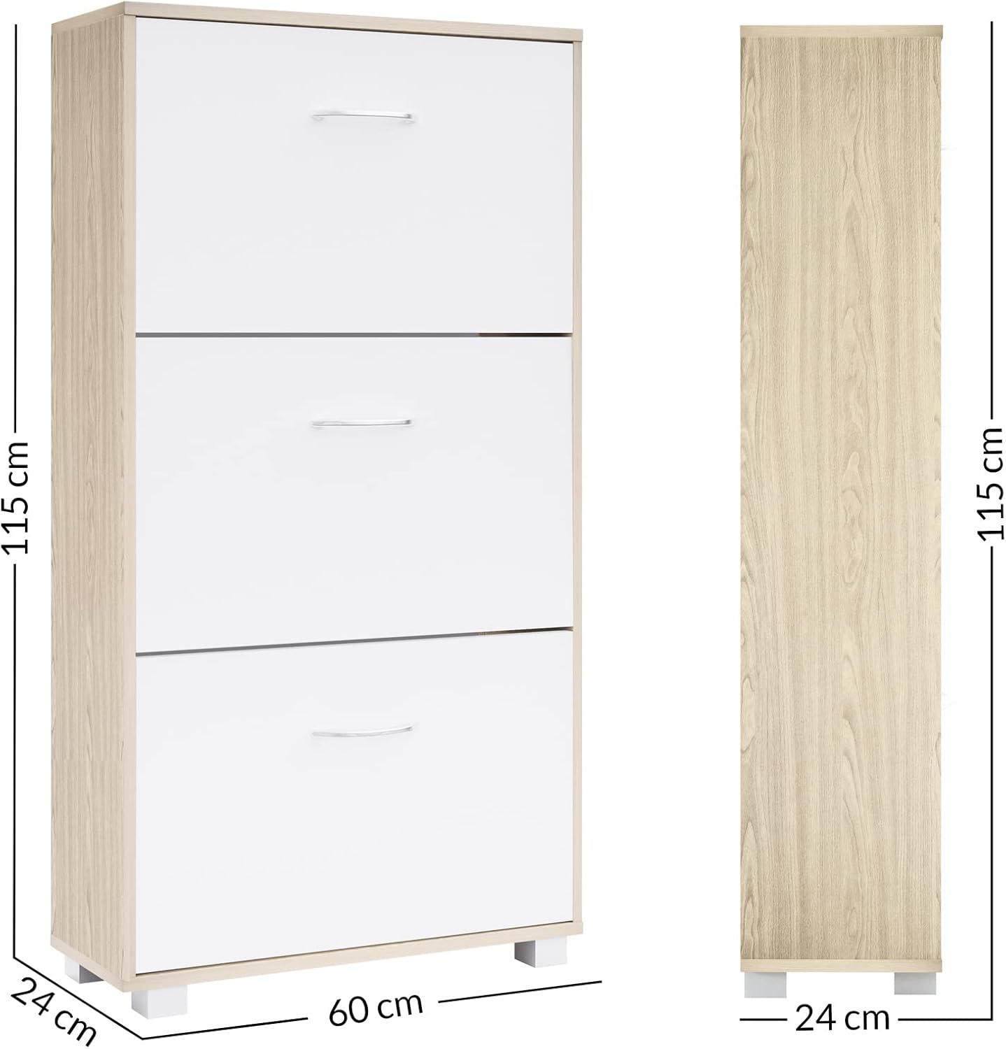 Casaria® Schuhschrank für 18 Paar Schuhe Schmal 115x60x25cm 3 Klappen Hoch Holz Geschlossen Kippsicherung Flur Diele Schuhkipper Schuhkommode Eiche Weiß — Ansicht 3