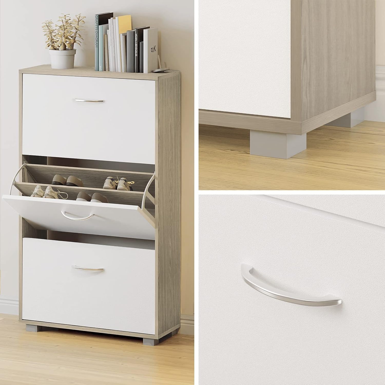 Casaria® Schuhschrank für 18 Paar Schuhe Schmal 115x60x25cm 3 Klappen Hoch Holz Geschlossen Kippsicherung Flur Diele Schuhkipper Schuhkommode Eiche Weiß — Ansicht 6