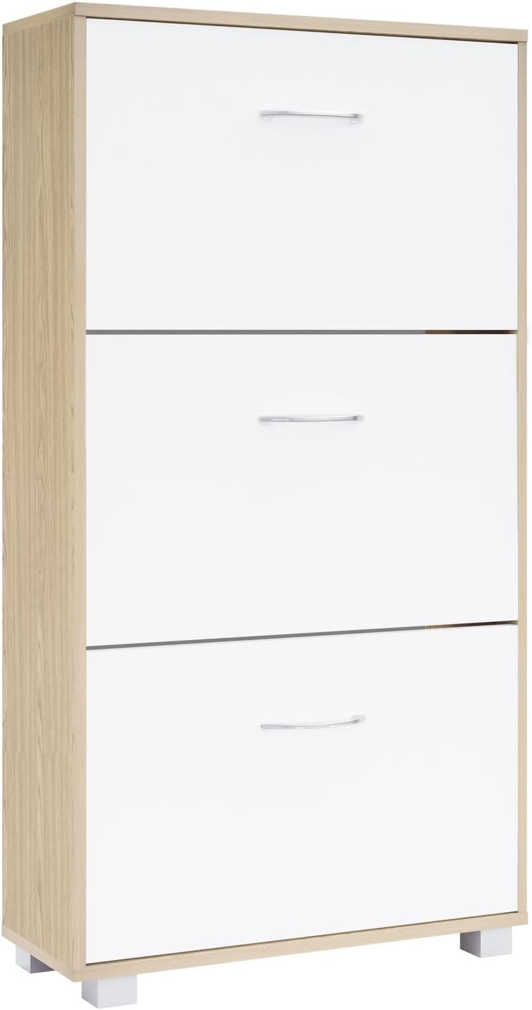 Casaria® Schuhschrank für 18 Paar Schuhe Schmal 115x60x25cm 3 Klappen Hoch Holz Geschlossen Kippsicherung Flur Diele Schuhkipper Schuhkommode Eiche Weiß