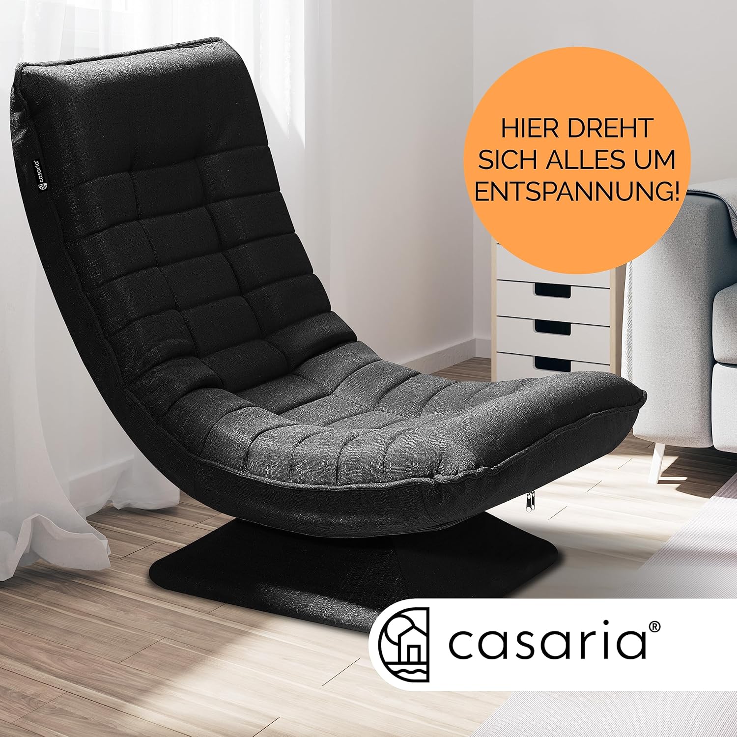 Casaria® Sessel verstellbare Rückenlehne 360° Drehbar Klappbar 150kg Belastbarkeit 60x105x87cm Gepolstert Wohnzimmer Gaming Relax Boden Lounge Sessel Schwarz — Ansicht 3