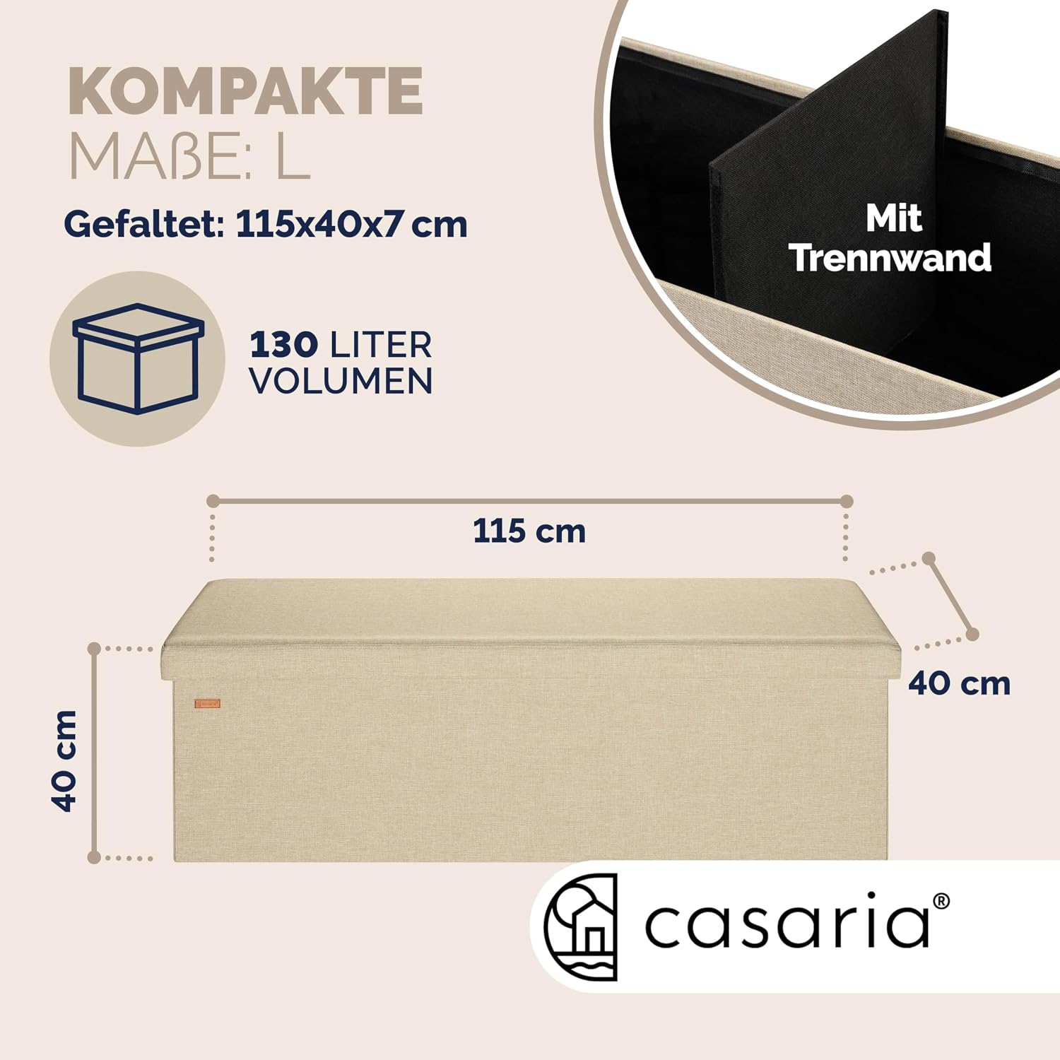 Casaria® Sitzbank mit Stauraum Faltbar Beige 115x40x40cm Gepolstert Deckel Leinen - Optik Schlafzimmer Wohnzimmer Flur Sitztruhe Truhenbank Polsterbank — Ansicht 2