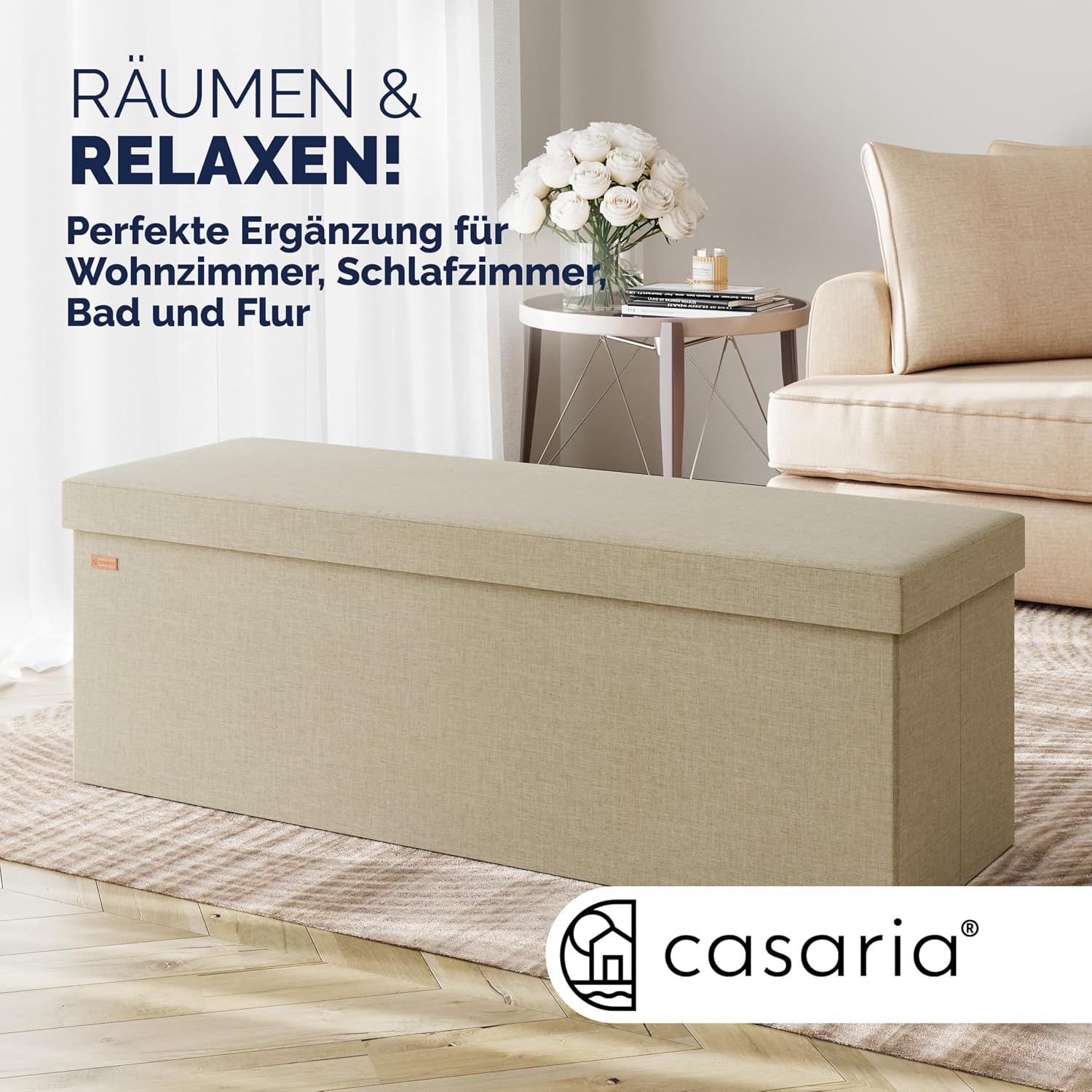 Casaria® Sitzbank mit Stauraum Faltbar Beige 115x40x40cm Gepolstert Deckel Leinen - Optik Schlafzimmer Wohnzimmer Flur Sitztruhe Truhenbank Polsterbank — Ansicht 3