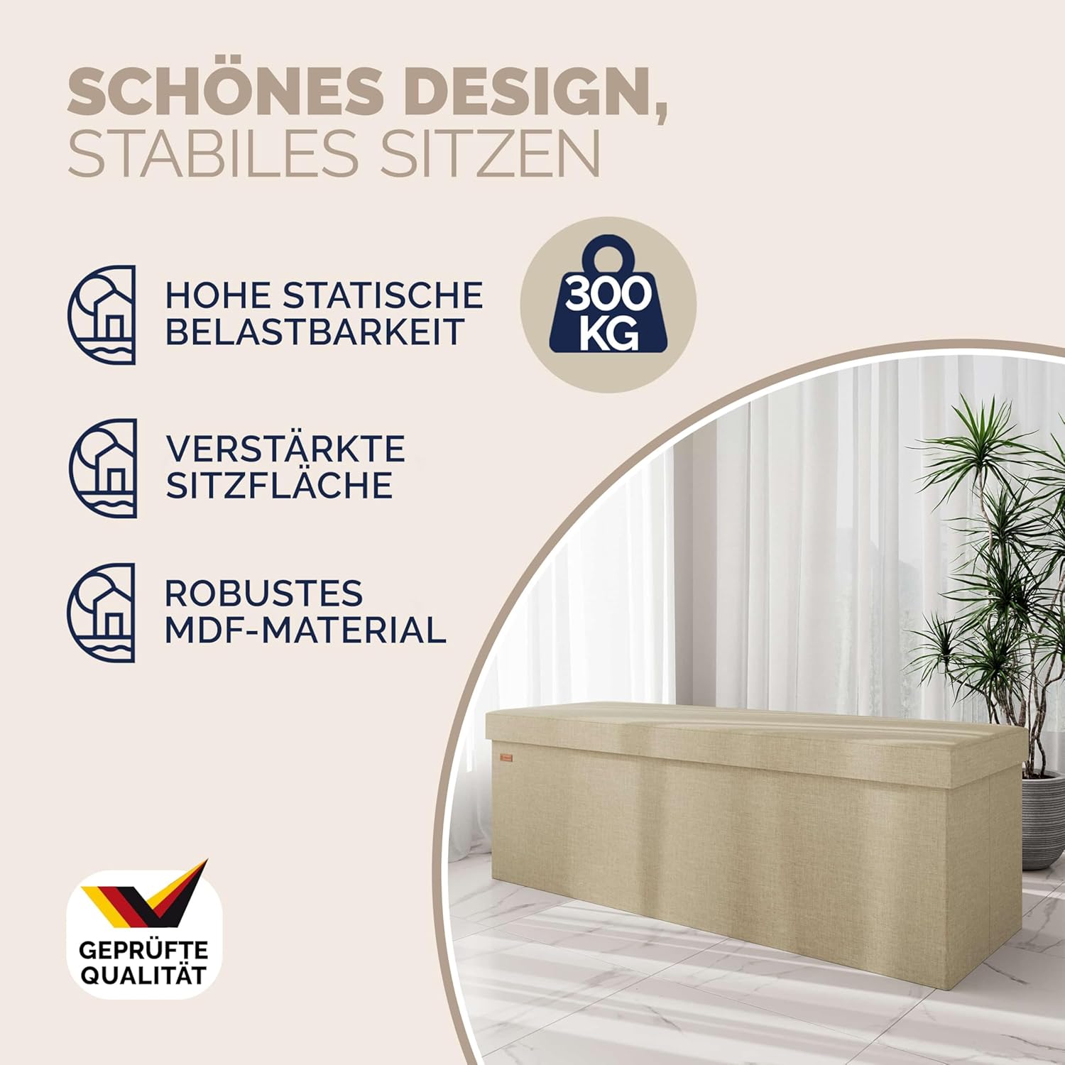Casaria® Sitzbank mit Stauraum Faltbar Beige 115x40x40cm Gepolstert Deckel Leinen - Optik Schlafzimmer Wohnzimmer Flur Sitztruhe Truhenbank Polsterbank — Ansicht 4
