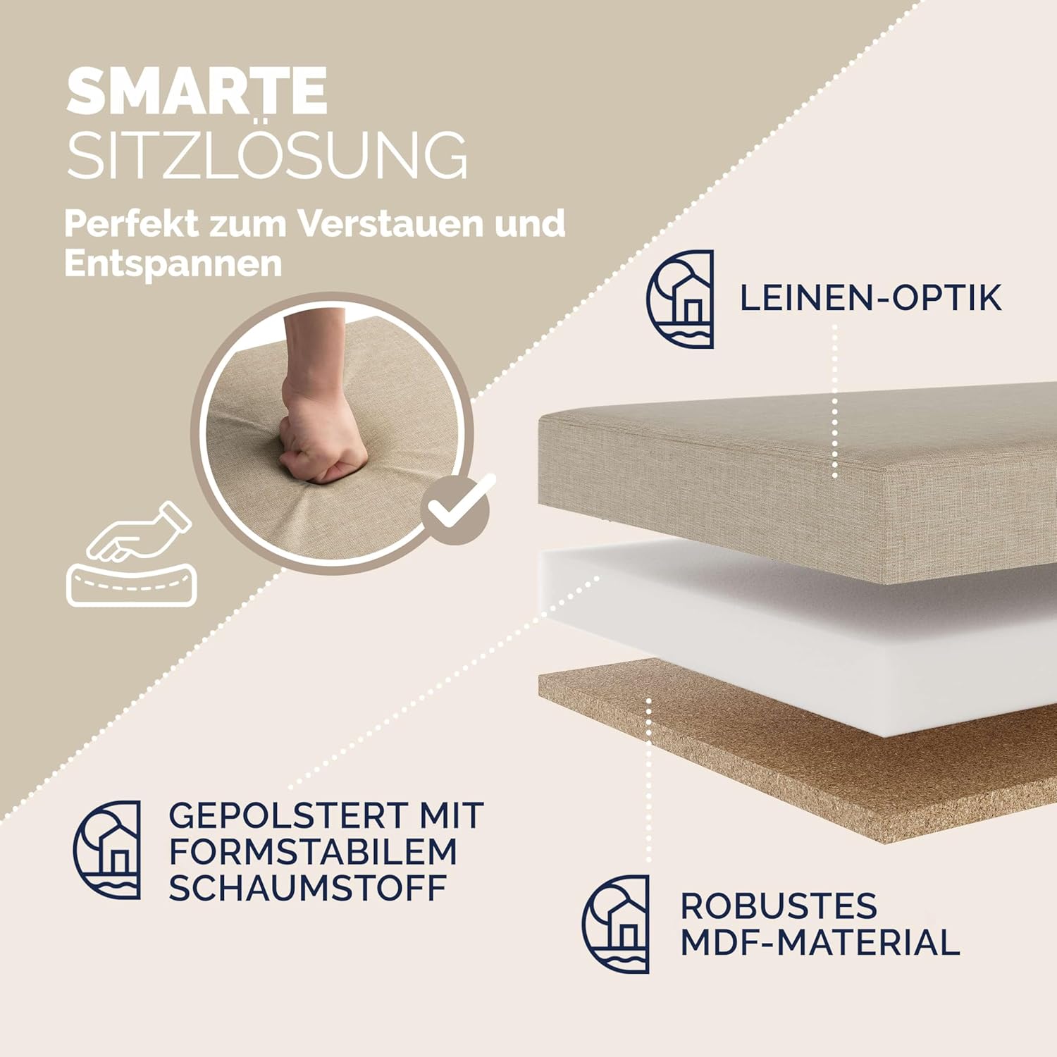 Casaria® Sitzbank mit Stauraum Faltbar Beige 115x40x40cm Gepolstert Deckel Leinen - Optik Schlafzimmer Wohnzimmer Flur Sitztruhe Truhenbank Polsterbank — Ansicht 5