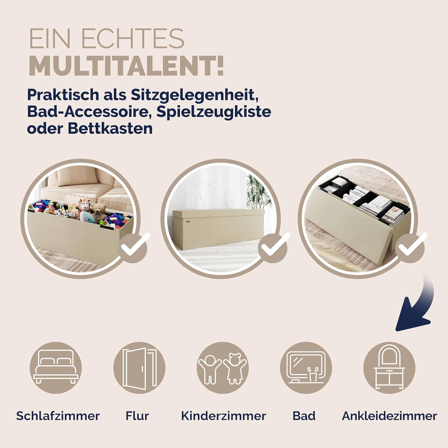 Casaria® Sitzbank mit Stauraum Faltbar Beige 115x40x40cm Gepolstert Deckel Leinen - Optik Schlafzimmer Wohnzimmer Flur Sitztruhe Truhenbank Polsterbank — Ansicht 6