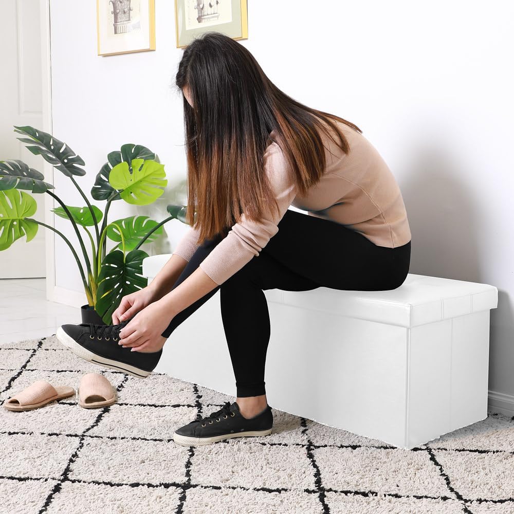 Casaria® Sitzbank mit Stauraum, Weiß - Faltbar, 115 x 40 x 40 cm, 130L Volumen, bis 300 kg belastbar, gepolstert, Leinen-Optik - Aufbewahrungsbox mit Deckel, Sitztruhe mit Stauraum, Polsterbank — Ansicht 2