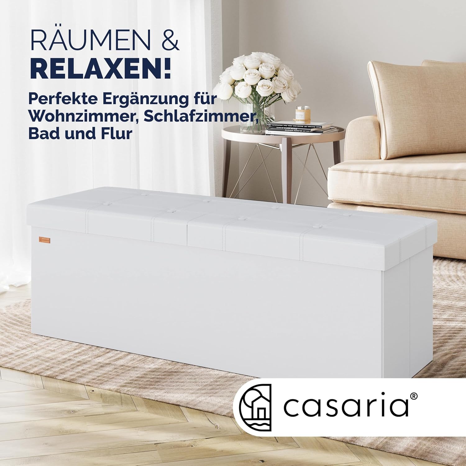 Casaria® Sitzbank mit Stauraum, Weiß - Faltbar, 115 x 40 x 40 cm, 130L Volumen, bis 300 kg belastbar, gepolstert, Leinen-Optik - Aufbewahrungsbox mit Deckel, Sitztruhe mit Stauraum, Polsterbank — Ansicht 4