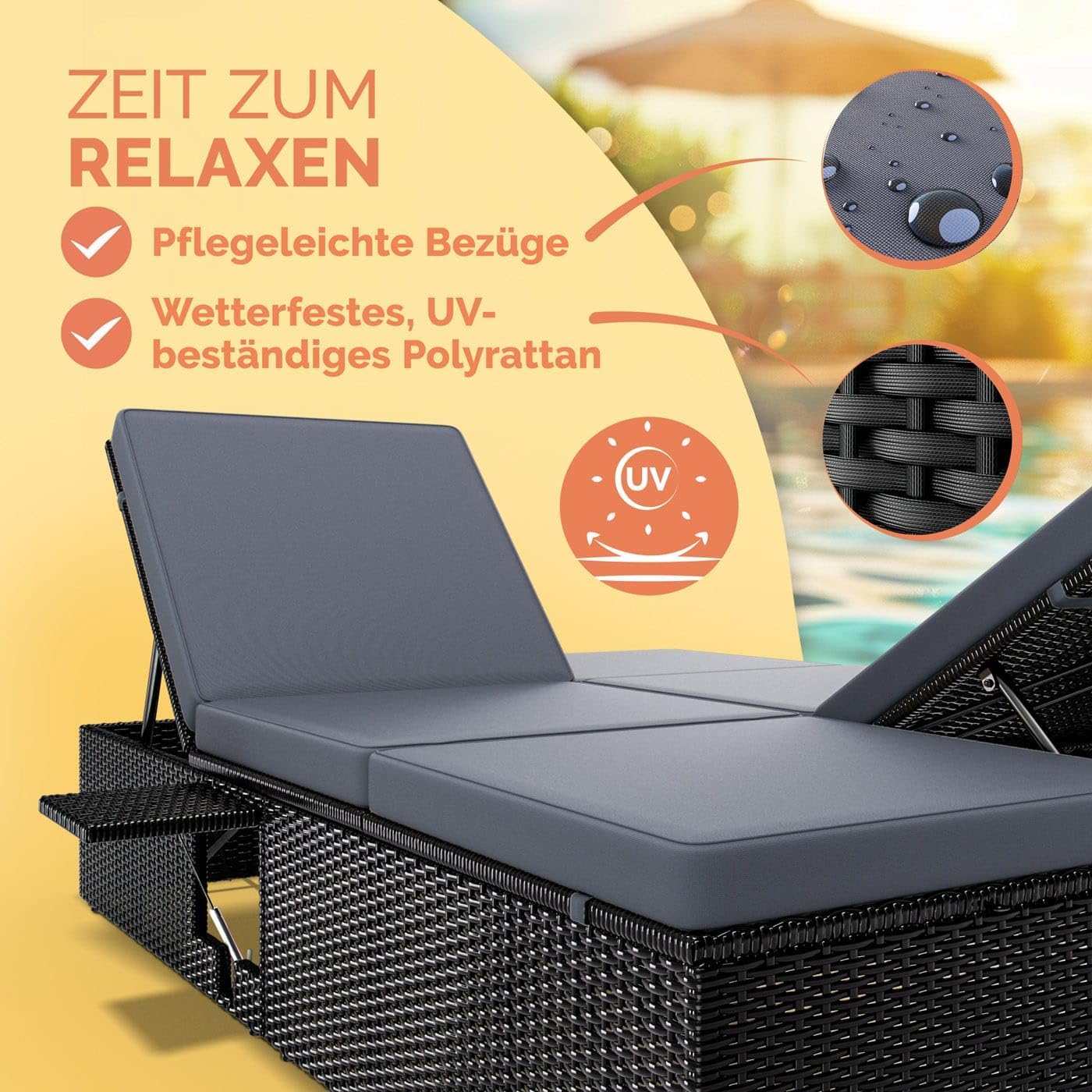 Casaria® Sonnenliege 2 Personen mit Klapptisch Gartenliege 7cm Auflagen Wetterfest 220kg Belastbar Liegestuhl Verstellbar Schwarz Anthrazit 200x115cm — Ansicht 2