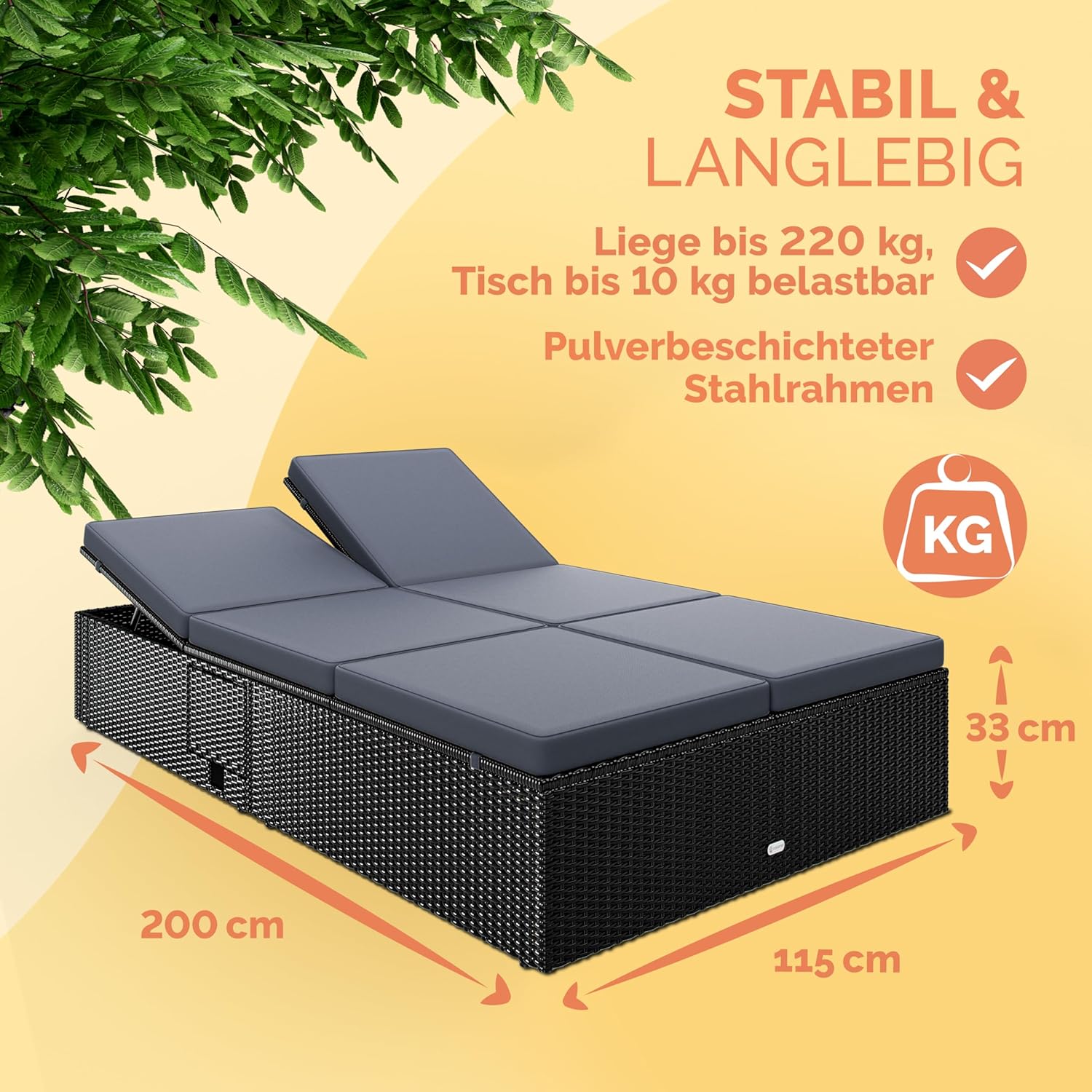 Casaria® Sonnenliege 2 Personen mit Klapptisch Gartenliege 7cm Auflagen Wetterfest 220kg Belastbar Liegestuhl Verstellbar Schwarz Anthrazit 200x115cm — Ansicht 3