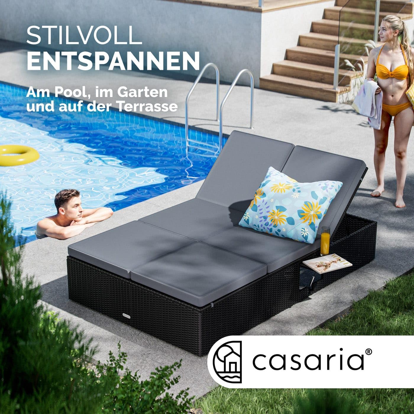 Casaria® Sonnenliege 2 Personen mit Klapptisch Gartenliege 7cm Auflagen Wetterfest 220kg Belastbar Liegestuhl Verstellbar Schwarz Anthrazit 200x115cm — Ansicht 4