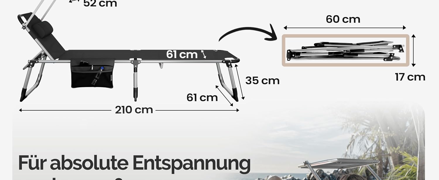 Casaria® Sonnenliege Aluminium Klappbar 180 kg Belastbar Gartenliege Sonnendach Kissen Seitentasche Leicht Wetterfest Liegestuhl Garten 210x61cm Grau — Ansicht 2