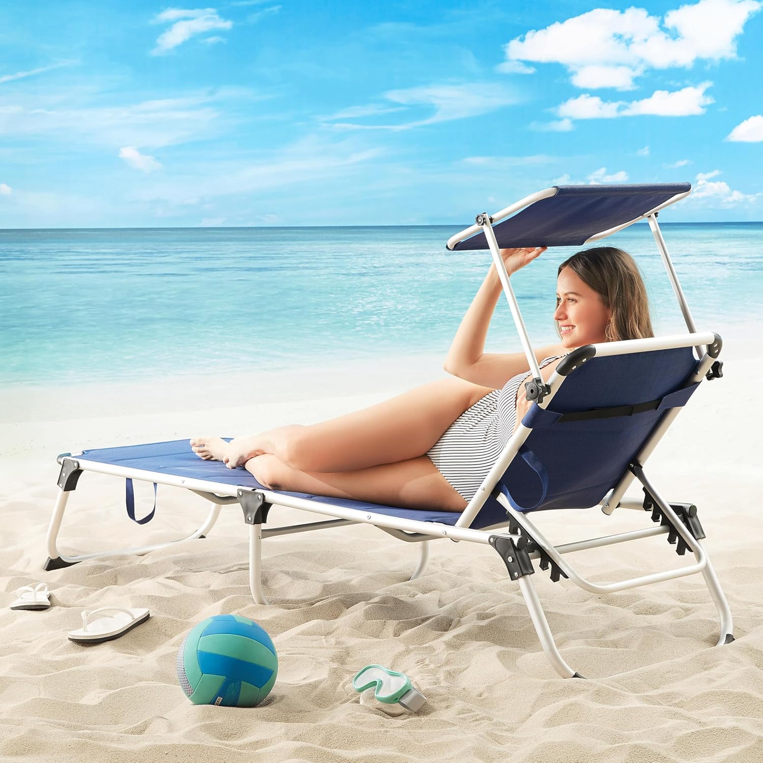 Casaria® Sonnenliege Bari klappbar Wetterfest mit Dach Kopfkissen Gartenliege leicht Aluminium Sonnenliege Liegestuhl 150kg belastbar Blau meliert — Ansicht 2
