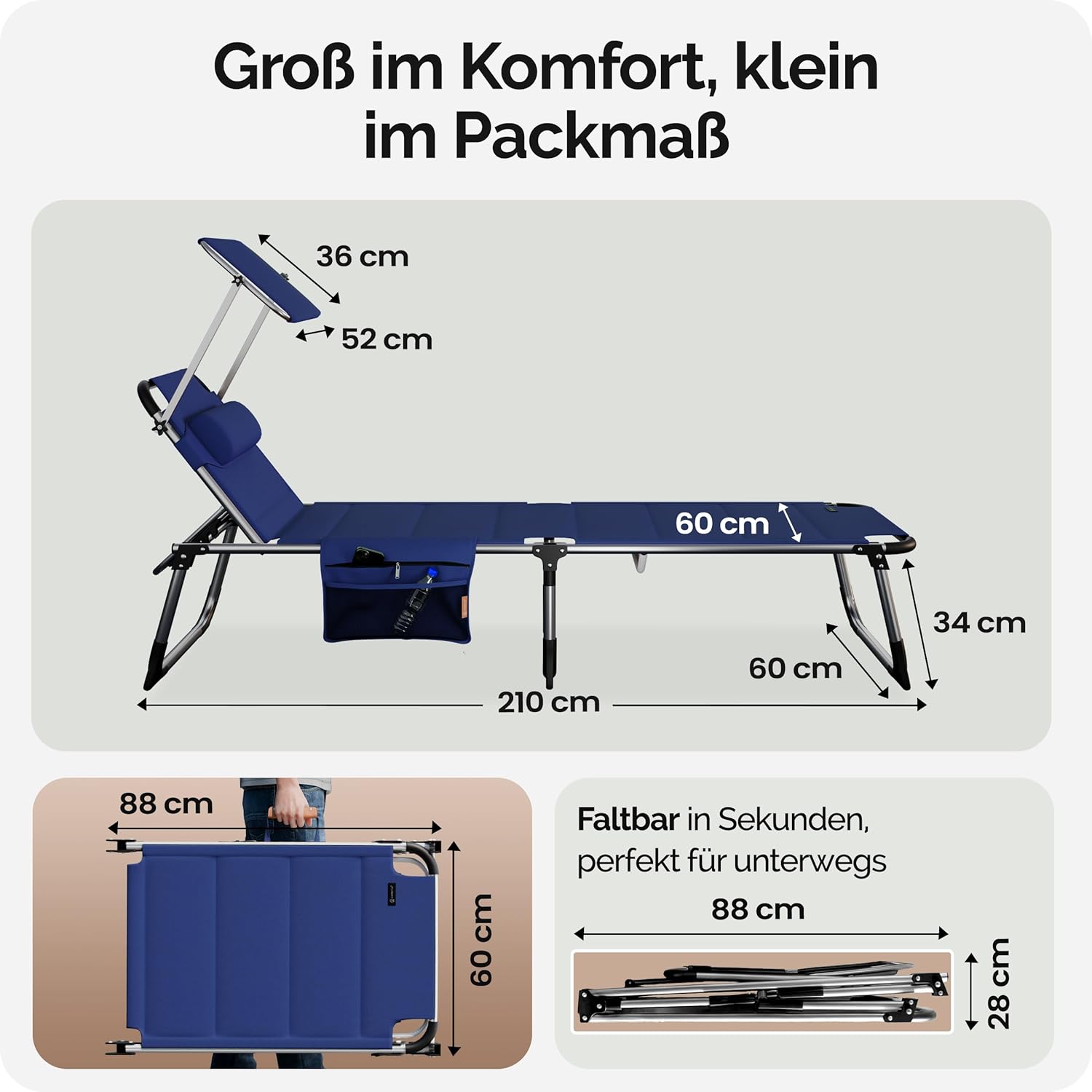 Casaria® Sonnenliege Bari klappbar Wetterfest mit Dach Kopfkissen Gartenliege leicht Aluminium Sonnenliege Liegestuhl 150kg belastbar Blau meliert — Ansicht 3