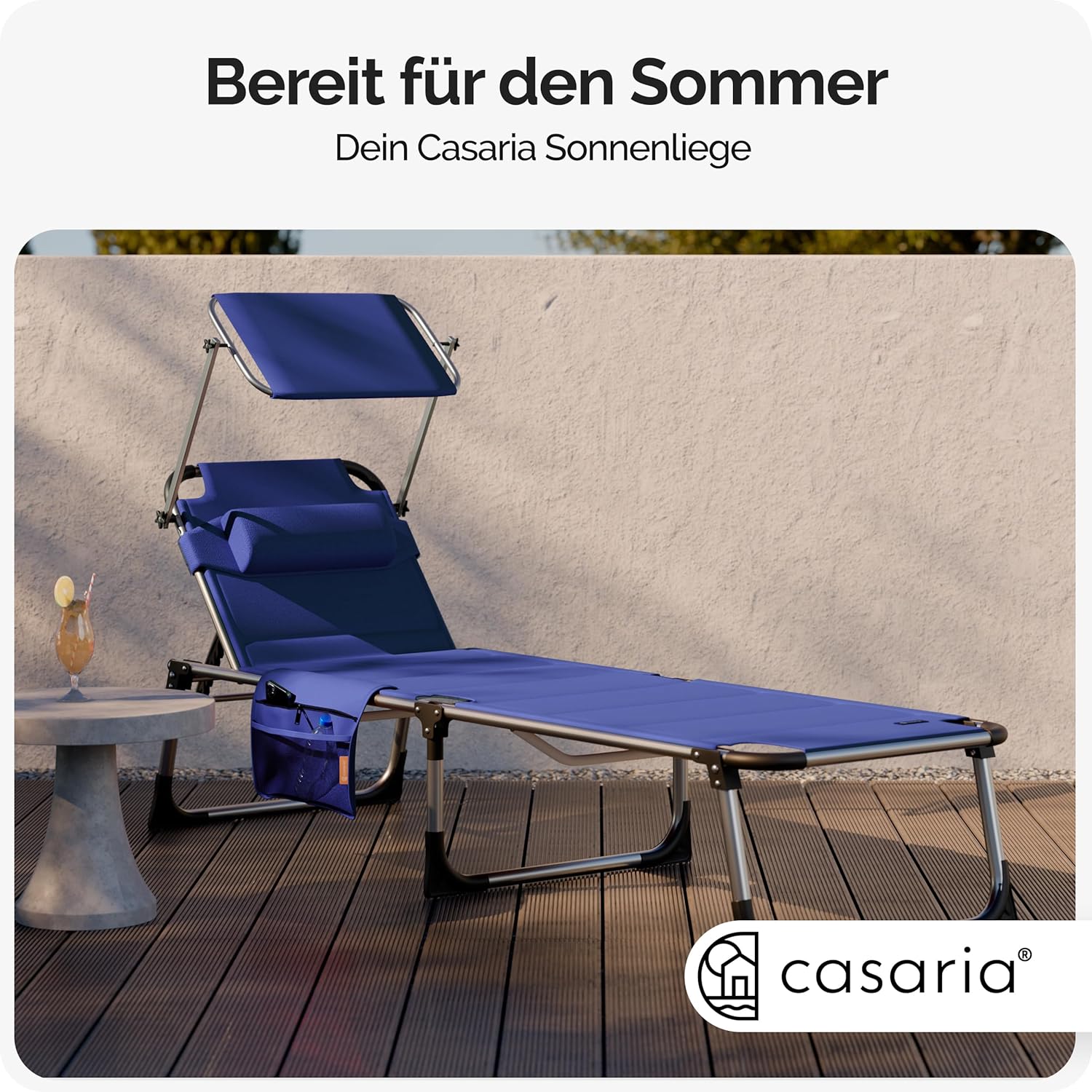 Casaria® Sonnenliege Bari klappbar Wetterfest mit Dach Kopfkissen Gartenliege leicht Aluminium Sonnenliege Liegestuhl 150kg belastbar Blau meliert — Ansicht 4