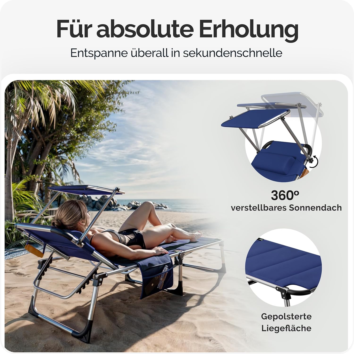 Casaria® Sonnenliege Bari klappbar Wetterfest mit Dach Kopfkissen Gartenliege leicht Aluminium Sonnenliege Liegestuhl 150kg belastbar Blau meliert — Ansicht 6