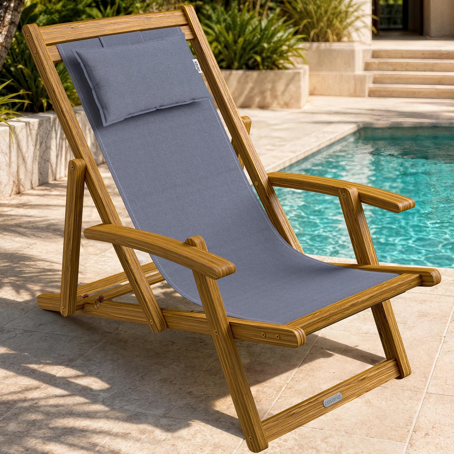Casaria® Sonnenliege Holz Wetterfest Klappbar 3-Fach Verstellbar bis 160kg Gartenliege Outdoor mit Nackenkissen & Armlehnen Liegestuhl für Garten Balkon Terrasse Camping Akazienholz — Ansicht 2