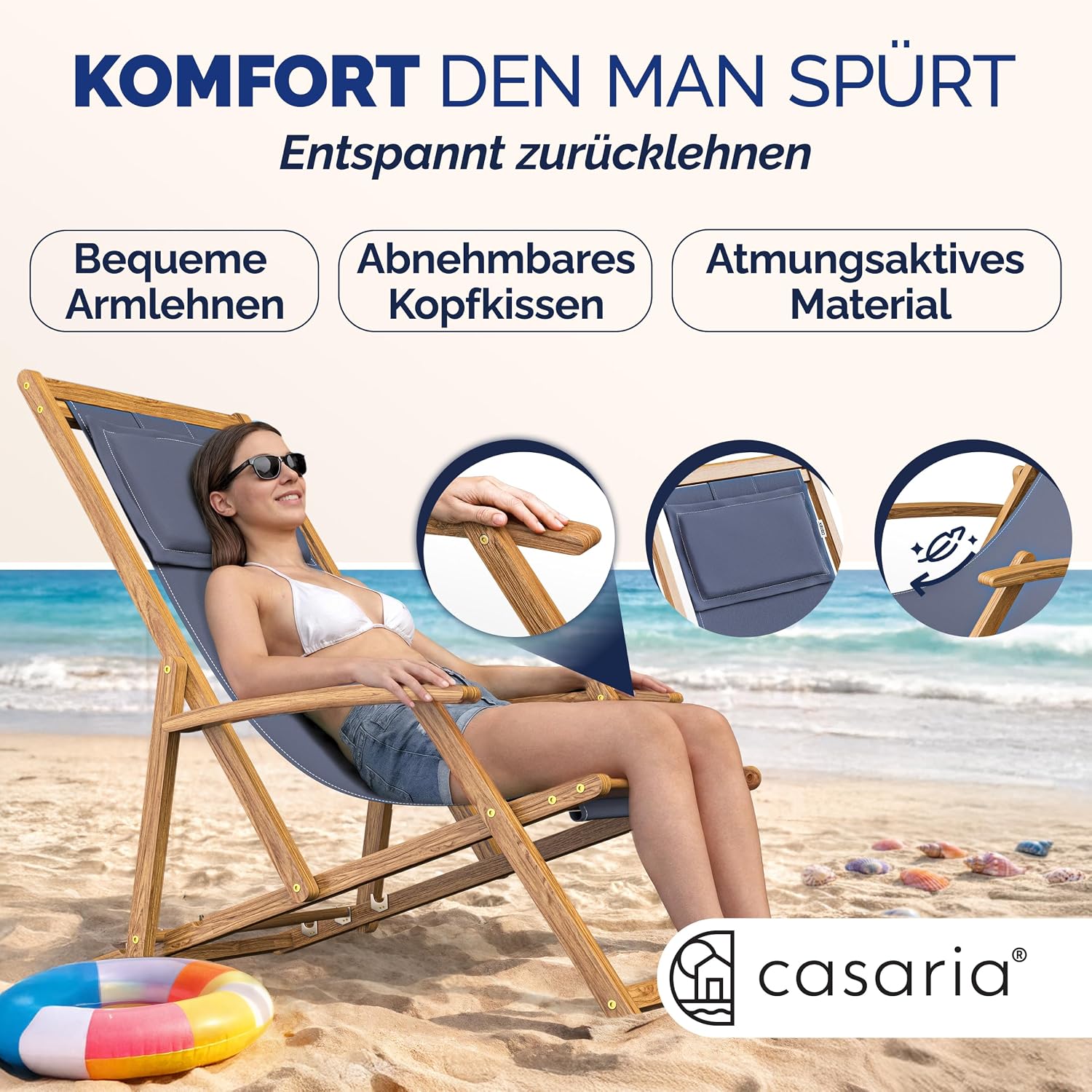Casaria® Sonnenliege Holz Wetterfest Klappbar 3-Fach Verstellbar bis 160kg Gartenliege Outdoor mit Nackenkissen & Armlehnen Liegestuhl für Garten Balkon Terrasse Camping Akazienholz — Ansicht 5