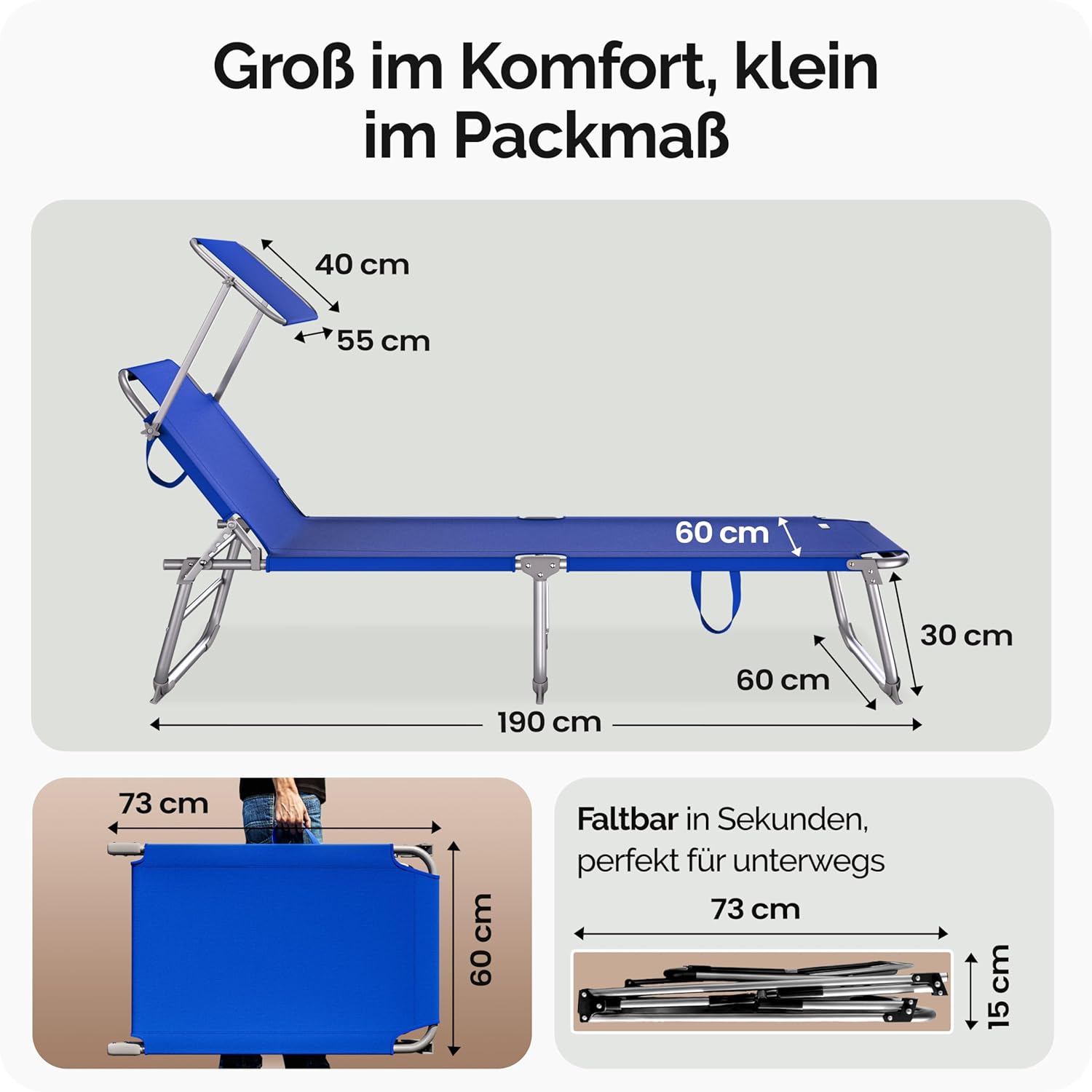 Casaria® Sonnenliege Wetterfest Gartenliege Klappbar mit Alu Sonnendach 130kg Belastbar 190x60cm Tragbar Leicht Garten Liegestuhl Klappliege Pool Blau — Ansicht 3