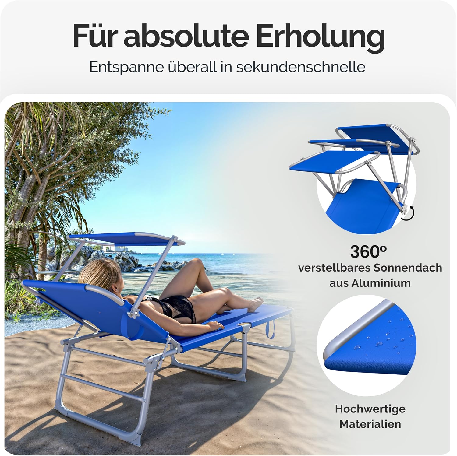 Casaria® Sonnenliege Wetterfest Gartenliege Klappbar mit Alu Sonnendach 130kg Belastbar 190x60cm Tragbar Leicht Garten Liegestuhl Klappliege Pool Blau — Ansicht 6