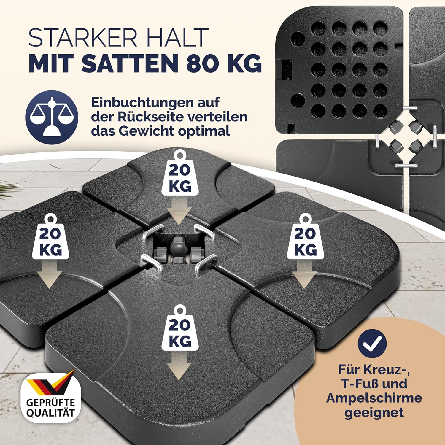 Casaria® Sonnenschirmständerplatten 4er Set bis 80 kg befüllbar mit Wasser Sand für Ampelschirm Bodenkreuz Metallverbindern wetterfestes Schirmgewicht — Ansicht 2