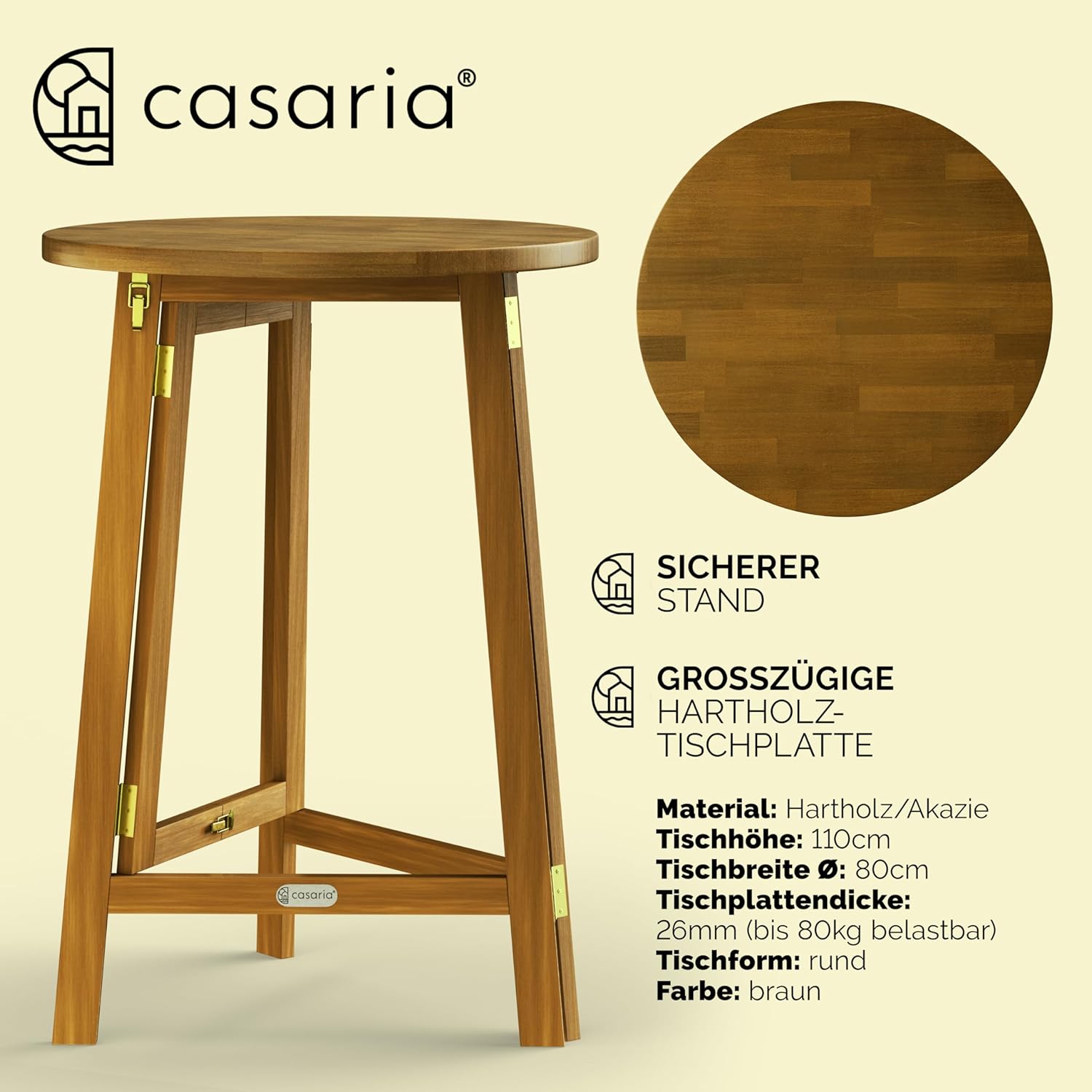 Casaria® Stehtisch Holz Klappbar 110cm Hoch 80 cm Rund Akazie Rustikal Indoor Outdoor Bistrotisch Biertisch Gartentisch Klapptisch Partytisch Bartisch — Ansicht 3