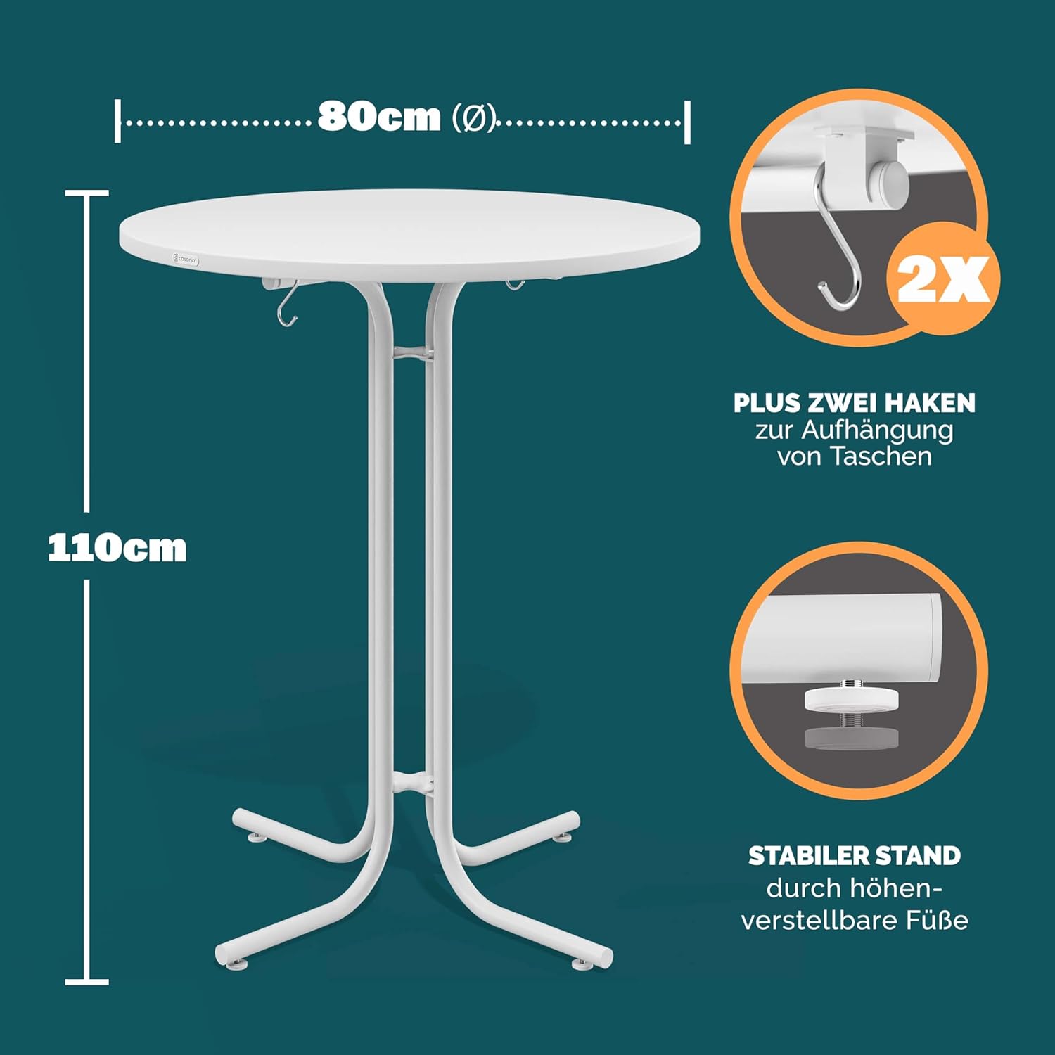 Casaria® Stehtisch Klappbar Outdoor Gastro Bistrotisch 2X Haken Ø 80 cm Rund Witterungsbeständig Weiß Bartisch pulverbeschichtet Metall MDF — Ansicht 2